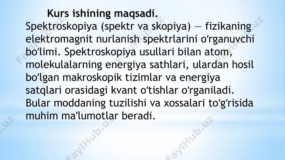 in uzunlikdagi qiymatlarda ham bajariladi. bunday hajmdagi ishlarni tezkorlik bilan bajarish maqsadida hozirgi vaqtda ikki nur yo‘nalishli, spektrlarni to‘g‘ridan-to‘g‘ri yozadigan zamonaviy asboblardan foydalaniladi. sf-46 spektrofotometri (rossiya). spektrni olish uchun idishchalarni monoxromator va detektor o‘rtasida joylashtiriladi, noma’lum moddalarni maxsus erituvchilarda eritiladi. erituvchilar sifatida ko‘p hollarda asosan metanol, etanol, suv yoki to‘yingan uglevodorodlar - geksan, geptan, siklogeksanlarni ishlatish mumkin, chunki yaqin ultrabinafsha sohasida boshqa erituvchilar yutilish maksimumlarini namoyon qiladi. sf-25 spektrometrining ko‘rinishi (bekman firmasi, germaniya). ub spektroskopiya uchun juda suyuq eritmalar ishlatilib, spektrdan to‘lqin uzunlikning maksimum qiymati (, макс) va unga tegishli bo‘lgan optik zichlikning  maks qiymati aniqlanadi. xulosa mavzuni o’rganishda quyidagi xulosalarni keltirdim. 1) spektroskopiya materiya va nurlanish orasidagi bogʻliqlikni ilmiy oʻrganuvchi sohasi bo`lib oq yorugʻlikning shaffof jismlardan oʻtayotib, toʻlqin uzunliklari turli boʻlgan ranglarga ajralishini kuzatishdan boshlangan . spektroskopik maʼlumot odatda spektr yordamida beriladi. aytganda bu birinchi davrda spektroskopiya faqat tajribaviy fan sifatida rivojlandi.. 2) optik spektroskopiya usullaridan biri bo‘lgan …