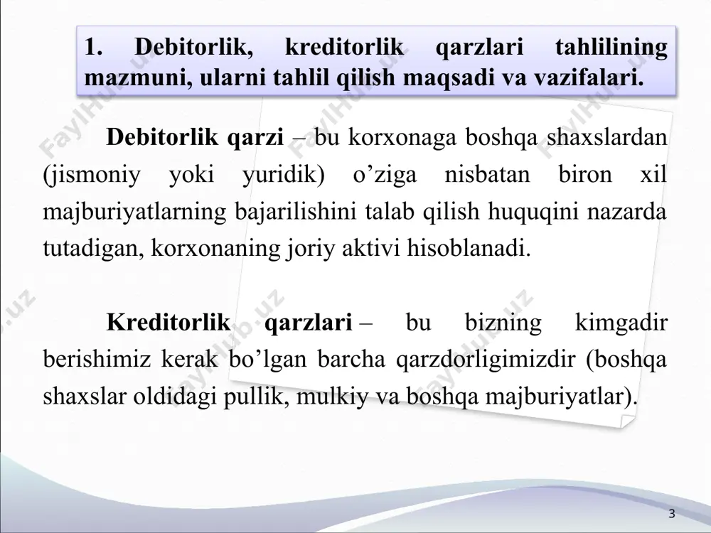 dagilarni keltirib o’tish mumkin: korxonada moliyaviy holatning nosog’lom ekanligi; korxonaning to’lov layoqatiga ega emasligi; likvid mablag’lari aylanuvchanligining uzoqligi; shartnoma majburiyatlariga va to’lov shartlariga amal etmaslik; xo’jalik shartnomalari buzilishidan ko’riladigan zararlarning to’g’ri qoplanmasligi (shartnomalar buzilishida qo’llaniladigan choralarga amal etmasligi); zamonaviy hisob-kitob shakllariga yo’l berilmaganligi va hakozolar. 8 9 debitorlik qarzlari boshqa debitorlik qarzlari (310-satr) xodimlarning boshqa operatsiyalar bo’yicha qarzi (300-satr) ajratilgan bo’linmalarning qarzi (230-satr) xaridor va buyurtmachilar qarzi ( 220-satr) xodimlarga berilgan bo’naklar (250-satr) sho’ba va qaram xo’jaliklarning qarzi ( 240-satr) mol etkazib beruvchilar va pudratchilarga berilgan bo’naklar (260-satr) maqsadli davlat jamg’armalari va sug’urtalar bo’yicha bo’naklar (280-satr) byudjetga soliq va yig’imlar bo’yicha soliq to’lovlari (270-satr) ta’sischilarning ustav kapitaliga qo’shgan ulushlari bo’yicha qarzi (290-satr) 1-rasm. debitorlik qarzlarining tarkibi 10 kreditorlik qarzlari mehnatga haq to’lash bo’yicha qarz (720-satr) sho’ba va qaram xo’jalik jamiyatlarga qarz (630-satr) mol yetkazib beruvchilarga qarz (610-satr) maqsadli davlat jamg’armalariga to’lovlar bo’yicha qarz (700-satr) boshqa kreditorlik qarzlari (760-satr) ta’sischilarga bo’lgan …