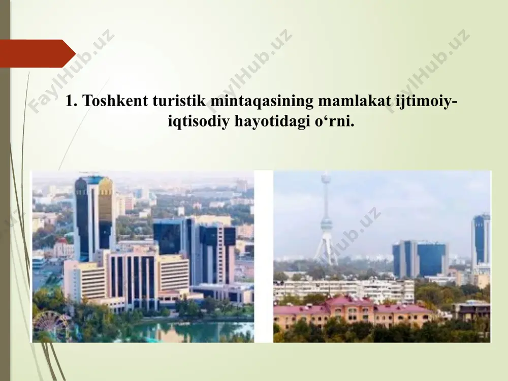 lardan foydalanishga ruxsat berilmaydi. ekoturlar oldindan belgilab berilgan kichik yo’lakchalar orkali, kam sonli turistik guruhchalarga bo’lingan tarzda, yilning hayvonot olamini urchimaydigan va ko’paymaydigan davrlarida piyoda va otlarda aylanish maqsadga muvofiqdir. toshkent turistik rayonda ko’kaldosh madrasasi, kaffol shoshiy maqbarasi, hazrati imom arxitektura majmuasi, abulqosim madrasasi, baroqxon madrasasi, jome’ masjidi, amir temur muzeyi va xiyoboni, mustaqillik maydoni, xalqlar do’stligi maydoni, jasorat monumenti, xasti imom maydoni, tilla shayx masjidi, xadra maydoni, so’fi ota maqbarasi mavjud. toshkent shahri toshkent zamonaviy megapolis toshkent-o’zbekistonning poytaxti va shu bilan birga markaziy osiyodagi eng yirik shaxardir.ko’p yillar davomida toshkent butun dunyodan sayyohlar va ishbilarmonlarni jalb qiladigan mamlakatning eng muhim biznes va madaniy markazi bo’lil kelgan. toshkent botanika bog’i toshkent botanika bog’i mdh hududidagi eng kata va eng qadimiy tabiiy bog’lardan biri.bugungi kunda 67 gektarlik zamonaviy bog’ maydoni poytaxtning shimoliy qismidagi turar joy hududida joylashgan.bu yerda yana hayvonot bog’i ham bor.botanika bog’i yilning istalgan vaqtida juda go’zaldir.bog’ning betakror iqlimi …