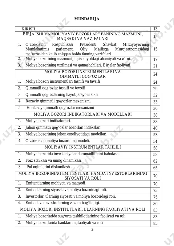 ng faoliyati va roli 87 4 moliya bozorlarida davlat moliya institutlarining faoliyati va roli 98 5 moliya bozorlarida xalqaro moliya institutlarining faoliyati va roli 100 moliya bozori savdo tizimlarining faoliyati va roli 103 1. moliya bozorlarining savdo tizimlari va ularning iqtisodiyotdagi roli. 103 2. qimmatli qog‗ozlar bozorida savdolarni tashkil etish 106 3 birja savdosini tashkillashtirish usullari 108 4 elektron savdo tizimlari va ularning faoliyati. 110 moliya bozori va birja faoliyatining huquqiy asoslari 113 1. moliya bozorini davlat tomonidan tartibga solish. 113 2. fond bozorini tartibga solishning huquqiy-iqtisodiy asoslari 116 3. ―birjalar va birja faoliyati to‗g‗risida‖ gi o‗zbekiston respublikasi qonuni 12.09.2014. (yangi tahrir) 117 moliya bozori risklari va investitsion portfellarni boshqarish asoslari 121 1. moliya bozori risklari, ularni baholash va boshqarish. 121 2. birja risklari. 127 3 investitsion portfellar. 130 4 investitsion portfelni shakllantirish asoslari. 132 5 investitsion portfelni baholash va boshqarish asoslari 136 moliya bozorini muvofiqlashtirish, tartibga solish va nazorat …