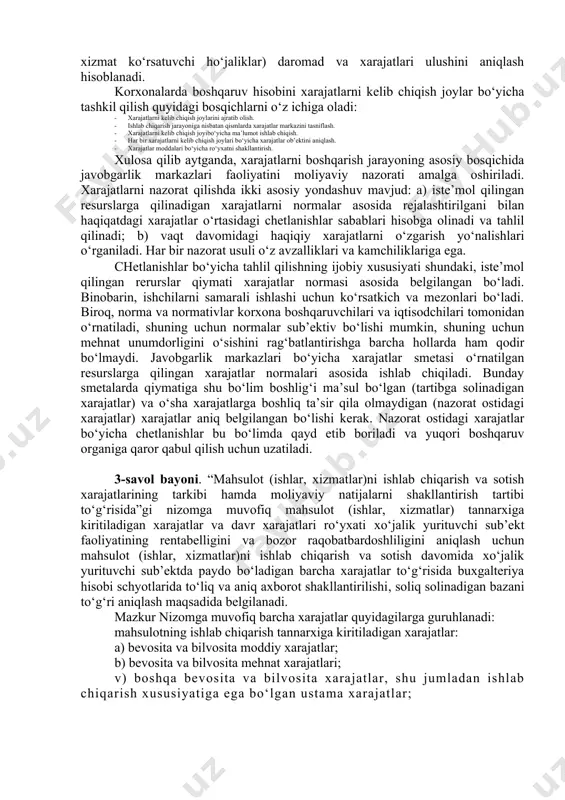 tarkibi hamda moliyaviy natijalarni shakllantirish tartibi to‘g‘risida nizom”ga muvofiq ayrim tarmoqlar xarajatlari tarkibi va ularni hisobga olish xususiyatlari o‘zbekiston respublikasi moliya vazirligi, davlat soliq qo‘mitasi bilan kelishilgan holda tegishli vazirliklar va idoralar, xo‘jalik birlashmalari (korporatsiyalar, konsernlar, uyushmalar, kompaniyalari va boshqalar) tomonidan aniqlanadi[footnoteref:1]. xarajatlar hisobini bir butun holga keltirish tufayli, korxonalarning joriy, moliyaviy va sarmoyaviy faoliyati davomida yuzaga keladigan keng qamrovli yondashuvlarni aniqlash va muammolarni echish uchun oldingi, joriy va kelgusi xarajatlarning yaxlit ko‘rinishi hosil bo‘ladi. bu maqsadga muvofiq ravishda keng qamrovli xarajatlarni boshqarish tizimi quyidagi vazifalarni amalga oshirishni osonlashtirishi kerak[footnoteref:2]: [1: маҳсулот (ишлар, хизматлар)ни ишлаб чиқариш ва сотиш харажатларининг таркиби ҳамда молиявий натижаларни шакллантириш тартиби тўғрисида низом.1999 йил 5 февралдаги 54-сонли қарори.] [2: jablanstefanović, r. (2009), „тraditional methods for allocating costs to cost drivers“,12.world congress of accounting historians (wcah), congress proceedings vol. ii, istanbul, pp 1193-1210.] 1. xarajatlarning haqiqiy darajasini o‘rnatilgan qoidalarga to‘g‘ri kelishini kuzatib borish va tekshirish hamda kelajak …