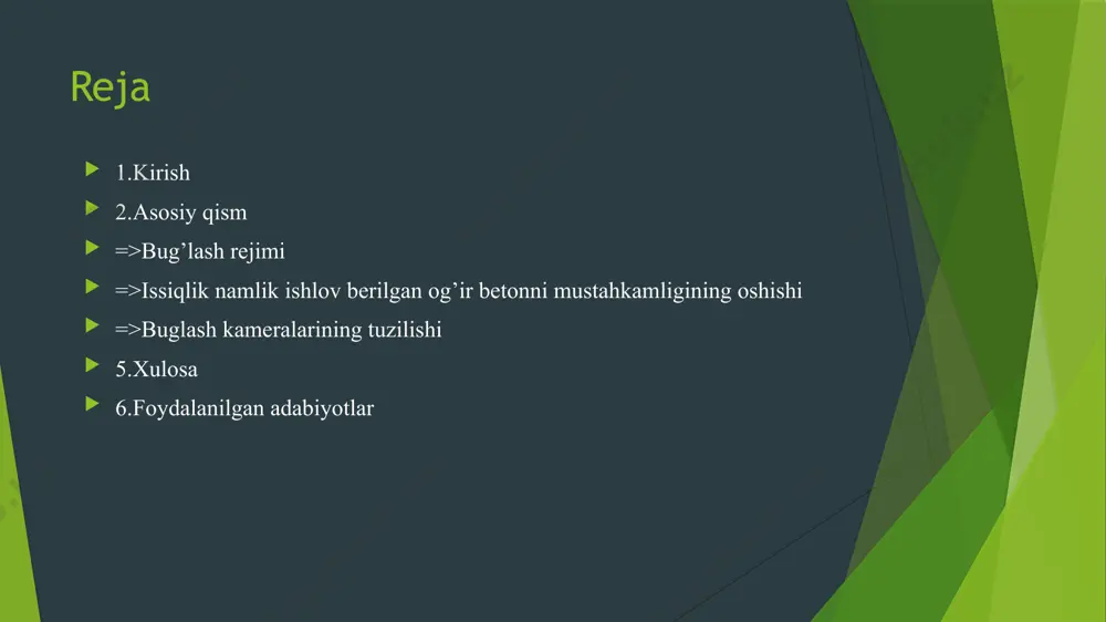 simida bug’ bilan bug’lash, berk qolipni tashqarisidan qizdirish yo’li bilan, betonni induksion tok bilan,elektr magnit maydonida isitish usullari ishlatiladi. korxonalarda betonni qizdirish 2.5soatdan 24soatgacha davom etadi. biroq asosan, beton 12-13soat qizdiriladi. samarali texnologik usullarni ishlatmasdan turib bug’lanishni tezlashtirish sement sarfini oshiradi. misol uchun bug’lash 13soatdan 6soatga kamaytirilganda markasi m200 bo’lgan betonda sement sarfi 80-100kg/m3 ko’payadi. bug’lash rejimi issiqlik namlik bilan ishlov berish usullari bug’lash jarayoni ba’zi bosqichlarining uzunligi va izotermik qizitish harorati bilan xarakterlanadi. betonga issiqlik-namlik ishlov berish uning qurilish texnik xususiyatlari, sement va issiqlik quvvati sarfi bilan bevosita bog’liqdir. umumiy buglash sikli 4davrga bo’linadi: dastlabki bosqich- buyumga shakl berilgandan boshlab kameradagi harorat osha boshlagan vaqtga qadar; kameradagi harorat oshgan vaqt; izotermik qizitish- belgilangan eng yuqori haroratda ushlab turiladigan vaqt; sovutish davri-kameradagi haroratning pasayish vaqti. qotish rejimi alohida davrlarning umumiy soatdagi miqdorini bildiradi. 3-jadvalda betonning siqilgan vaqtdagi dastlabki mustahkamligiga qarab kamerada haroratni ko’tarib borish tezligi ko’rsatilgan. har qanday holatda ham …