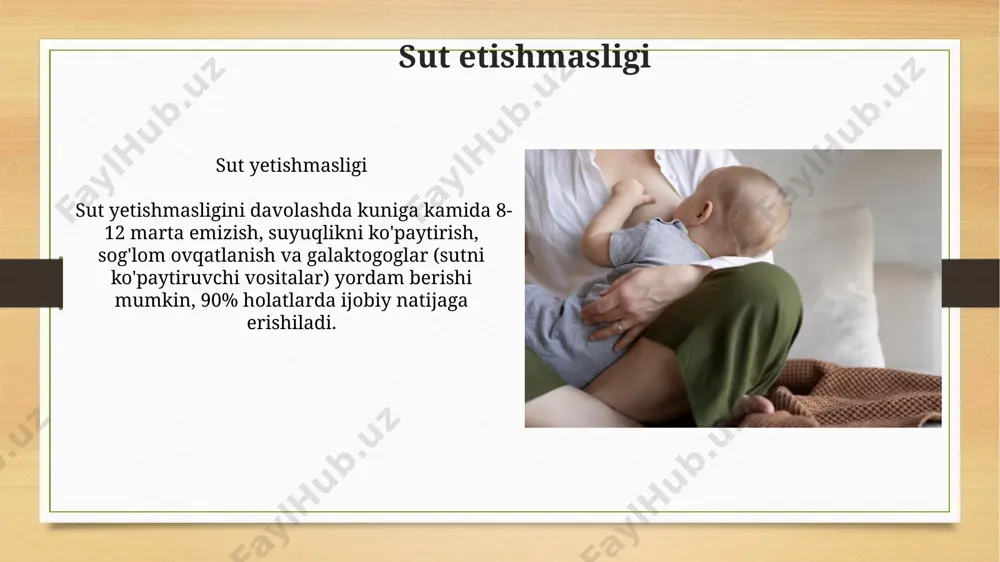 ishi, 45 graduslik burchak ostida bo'lishi kerak. emizishga qarshi ko'rsatmalar bola tomonidan: galaktozemiya, leysin kasalligi yoki fenilketonuriya kabi metabolik kasalliklar mavjudligi, bunda bola maxsus davolanishni talab qiladi va ona suti bilan emizish zararlidir. ona tomonidan: oiv infektsiyasi 1, 2 yoki 3 bosqichda, faol davolanmagan sil kasalligi, inson t-limfotrop virusi 1 yoki 2 (htlv-1/2) infeksiyasi emizishga mutlaq qarshi ko'rsatmadir. galaktopoiez: sut ishlab chiqarishning saqlanishi galaktopoiez uchun zaruriy omillar orasida chaqaloqni emizish chastotasi va muddatining optimal bo'lishi muhim, chunki bu prolaktin sekretsiyasini saqlab turadi va kamida 12 oylik muddatga sut bezining faoliyatini ushlab turadi. galaktopoiez laktotsitlar tomonidan sut ishlab chiqarilishini saqlashni o'z ichiga oladi, bu jarayon prolaktin, platsenta laktojeni va kortizol kabi gormonlar ta'sirida 40 hafta davom etadi. emizishni to'xtatish emizishni to'xtatish jarayoni, ya'ni "weaning" asta-sekin amalga oshirilishi kerak. taxminan 1-2 hafta davomida kunduzgi emizishlar sonini kamaytiring. emizishni to'xtatish vaqtida ko'krak suti bezovtalikni kamaytirish uchun sog'ib olinishi mumkin. faqatgina ortiqcha sutni, 1-2 …