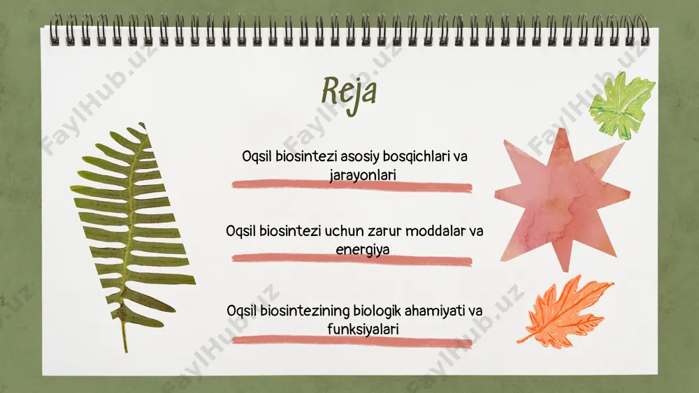 kotinamid adenin dinukleotid fosfat) muhim ahamiyatga ega. atp energiya manbai sifatida oqsillarni polipeptid zanjirlariga birlashtirish jarayonida ishlatiladi. nadph esa fotosintez jarayonida ishlab chiqarilib, energiya va elektronlarni ta'minlaydi, bu esa biosintez jarayonlarida muhim rol o'ynaydi. energiya manbalari: atp va nadph o'zgarishlar: energiyaning roli photo by markus spiske on unsplash photo by adele payman on unsplash oqsil biosintezi uchun zarur moddalar amino kislotalar va energiya manbalari moddalarning biosintezdagi o'rni kerakli moddalar ro'yxati oqsil biosintezi jarayonida amino kislotalar asosiy komponentlar hisoblanadi. ular oqsillarni hosil qilish uchun zarur bo'lgan qurilish bloklari sifatida xizmat qiladi. shuningdek, energiya manbalari, masalan, atp va glyukoza, biosintez jarayonida energiya ta'minlashda muhim rol o'ynaydi. ushbu moddalar oqsil biosintezining muvaffaqiyatli o'tishi uchun zarurdir. amino kislotalar oqsil biosintezida muhim ahamiyatga ega, chunki ularning turli kombinatsiyalari turli xil oqsillarni hosil qiladi. atp esa energiya manbai sifatida biosintezning har bir bosqichida zarurdir, chunki bu jarayon energiya sarflaydi. ularning mavjudligi biosintez jarayonining samaradorligini oshiradi. oqsil …