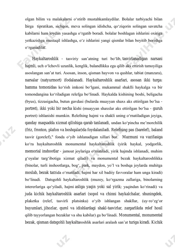 shlik - tasviriy san‘atning turi bo‗lib, tasvirlanadigan narsani hajmli, uch o‗lchovli uzunlik, kenglik, balandlikka ega qilib aks ettirish tamoyiliga asoslangan san‘at turi. asosan, inson, qisman hayvon va qushlar, tabiat (manzara), narsalar (natyurmort) ifodalanadi. haykaltaroshlik asarlari, asosan ikki turga: hamma tomonidan ko‗rish imkoni bo‗lgani, mukammal shaklli haykalga va bir tomondangina ko‗riladigan relefga bo‗linadi. haykalda kishining boshi, beligacha (byus), tizzasigacha, butun gavdasi (bularda muayyan shaxs aks ettirilgan bo‗lsa - portret), ikki yoki bir necha kishi (muayyan shaxslar aks ettirilgan bo‗lsa - guruh portret) ishlanishi mumkin. relefning hajmi va shakli uning o‗rnatiladigan joyiga, qanday maqsadda xizmat qilishiga qarab tanlanadi, undan ko‗pincha me‘morchilik (friz, fronton, plafon va boshqalar)da foydalaniladi. relefning pas (barelef), baland tasvir (gorelef)," fonda o‗yib ishlanadigan xillari bor. mazmuni va vazifasiga ko‗ra haykaltaroshlik monumental haykaltaroshlik (yirik haykal, yodgorlik, memorial inshootlar - jamoat joylariga o‗rnatiladi, yirik hajmda ishlanadi, muhim g‗oyalar targ‗ibotiga xizmat qiladi) va monumental bezak haykaltaroshlikka (binolar, turli inshootlarga, bog‗, park, maydon, …