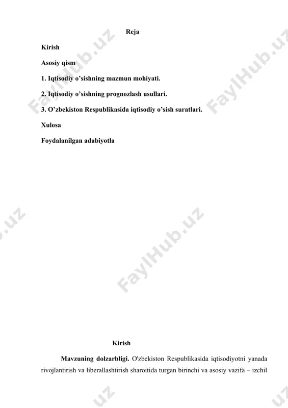 keng joriy qilish, shuningdek, aholi farovonligi va turmush darajasini oshirish boʻyicha aniq maqsadga yoʻnaltirilgan chora-tadbirlar amalga oshirildi. kurs ishi obyekti. iqtisodiyot organlarining amaldagi tuzilmasi, ularning ishini tashkil qilish prinsip va usullari iqtisodiyotni boshqarishning zamonaviy talablariga, shuningdek, iqtisodiyot tarmoqlaridagi tuzilmaviy oʻzgartirishlarga javob bermaydi. xususan, iqtisodiyotning oʻzgarishi sharoitida mamlakatni ijtimoiy-iqtisodiy rivojlantirishning asoslangan maqsadli yoʻnalishlarini (indikatorlarini) shakllantirish, shuningdek, mavjud ichki va tashqi omillarni hamda islohotlarning strategik ustuvor yoʻnalishlarini hisobga olgan holda iqtisodiy oʻsishning yangi manbalarini aniqlash tizimi mavjud emas. kurs ishi predmeti. iqtisodiyotning hududiy va tarmoq taraqqiyoti, shu jumladan, urbanizatsiya salohiyatini amalga oshirish orqali mutanosiblikni taʼminlash uchun ishlab chiqarish kuchlarini joylashtirish borasidagi ishlarni muvofiqlashtirish tizimi kerakli darajada yoʻlga qoʻyilmagan. bozor tamoyillarini keng joriy etish, mahalliy ishlab chiqarishni diversifikatsiya qilish, bozorni raqobatbardosh tovarlar bilan toʻldirish va ularni tashqi bozorlarga yoʻnaltirish hajmlarini oshirish boʻyicha zarur tadbirlar ishlab chiqilmayapti. kurs ishining tuzilishi va hajmi. kurs ishi kirish, uchta reja, xulosa va foydalanilgan adabiyotar ro’yxatidan iborat. 1. …