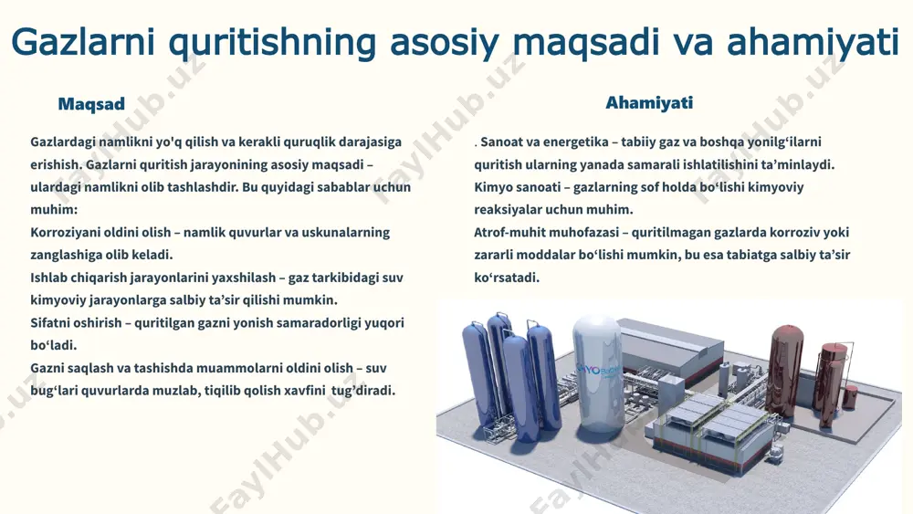ish samaradorligini pasaytirish gaz tarkibida ortiqcha suv bug‘lari bo‘lsa, yonish jarayoni samarasiz kechadi. yonish paytida ortiqcha suv bug‘lari ajralib chiqishi natijasida energiya yo‘qotish yuzaga keladi. 4) kimyoviy jarayonlarga ta’siri ayrim kimyoviy ishlab chiqarish jarayonlarida quruq gaz talab qilinadi. namlik katalizatorlarga zarar yetkazib, reaksiyalarni buzishi mumkin. 3 gazlarni quritishning fizik-kimyoviy asoslari 1 fizik-kimyoviy jarayonlar fizik-kimyoviy asoslar fizik va kimyoviy usullar kombinatsiyasi. suvni ajratish va keyinchalik uni kimyoviy bog‘lash orqali quritish. misollar: zeolitlar yordamida adsorbsiya va ion almashinish. kimyoviy reagentlar yordamida gazni quritish va filtratsiya orqali ajratish. bu uchta asos gazning turi va qo‘llanilish sohasiga qarab tanlanadi. 2 kimyoviy asoslar gazdagi suv bug‘larini kimyoviy moddalarga bog‘lash orqali quritish. suvsizlantiruvchi moddalar bilan suvni kimyoviy reaktsiya orqali bog‘lash. kaltsiy xlorid (cacl₂): cacl2 + 2h2o = cacl2 + 2h2o p2o5 + 3h2o =2h3po4 3 fizik asoslar gazdagi suv bug‘larini fizik usullar bilan ajratish. suvni gazdan mexanik yoki fazaviy o‘zgarishlar orqali chiqarib tashlash. sovitish va kondensatsiya: …
