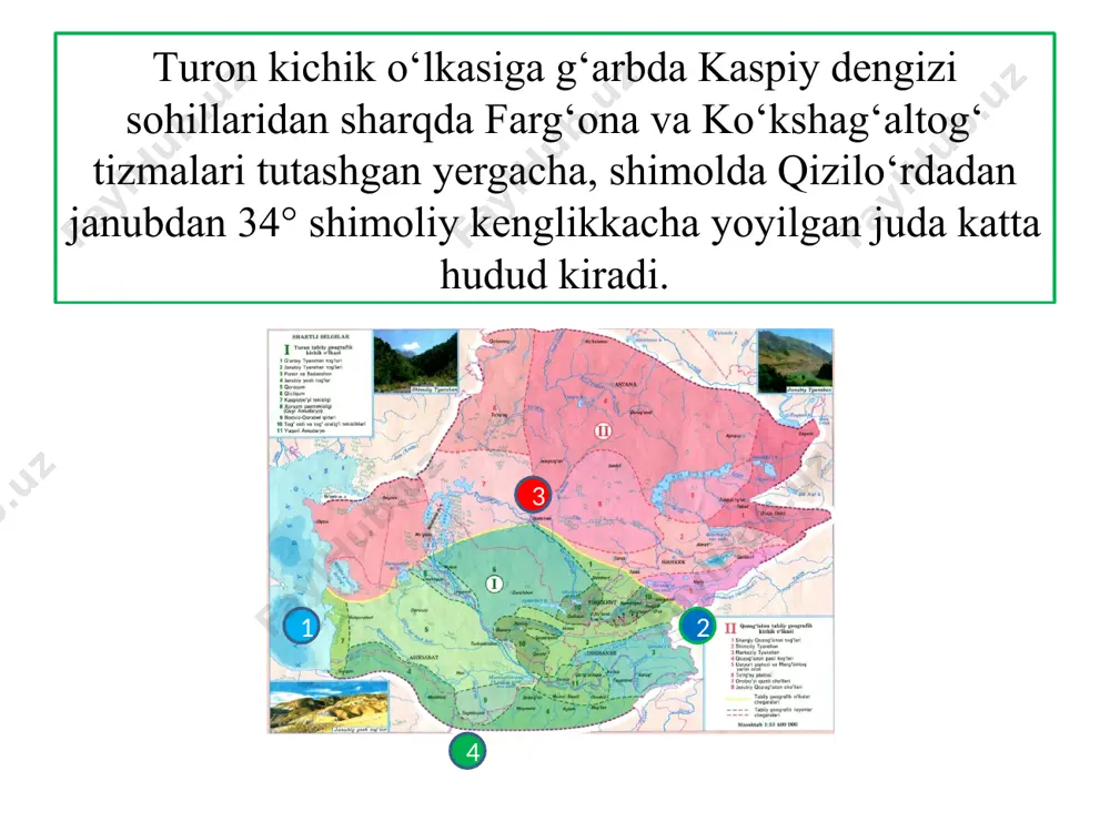 ini tushirib, bu rayonlar nomini yozib qo‘ying. 3. har bir rayonda tarqalgan tuproqlar, o‘simliklar va hayvonlarni atlasning 13, 14, 15- betlaridagi xaritalardan aniqlab, nomlarini daftarga yozib oling. © foydalanilgan adabiyotlar: p.baratov, m. mamatqulov –geografiya (o‘rta osiyo tabiiy geografiyasi. o‘zbekiston tabiiy geografiyasi) – umumiy o‘rta ta’lim maktablarining 7- sinfi uchun darslik — toshkent; „o‘qituvchi“ nmiu, 2017 / www.eduportal.uz atlas (o‘rta osiyo va o‘zbekiston tabiiy geografiyasi), 7-sinf, o‘zbekiston yer resurslari, geodeziya, kartografiya va davlat kadastri qo‘mitasi, toshkent 2017 © internet manbalari: www.eduportal.uz www.wikipedia.org www.advantour.com www.multiurok.ru .................... © qambarov sirojiddin tomonidan to‘plandi va tartiblandi. xatolari bo‘lishi mumkin, tekshirib ko‘ring. telegram manzil: t.me/@geography_method image1.jpeg image2.png image3.png image4.jpeg image5.jpeg image6.jpeg image7.jpeg image8.jpeg image9.jpeg image10.jpeg image11.jpeg image12.jpeg image13.jpeg image14.jpeg image15.jpeg image16.jpeg image17.jpeg image18.jpeg image19.jpeg image20.jpeg image21.jpeg image22.jpeg image23.jpeg image24.jpeg image25.jpeg image26.jpeg image27.jpeg image28.png little foal in mountains maxim gorkiy peak, ridge tengri tag. /docprops/thumbnail.jpeg