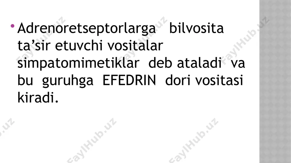 ritmiya, nafas olishning buzilishi. efedrin (ephedrin hydrochlorid) kukun 0,002 – 0,003 – 0,01 – 0,025 tabletka 5% - 1ml eritma ineksiya uchun, 2-3% -10ml eritma rinologiyada qo’llash uchun.efedrin presinaptik membranaga tasir etib na ajralishini kuchaytiradi, undan tashqari postsinaptik membranadagi adrenoretseptorlarni bevosita qo’zg’atadi.na ko’p ajraladi va bir qismi adrenalinga aylanganligi hisobiga efedrin alfa va betta adrenoretseptorlar qo’zg’algandagi o’zgarishlar yuzaga chiqadi.yurak faoliyati oshadi, tomirlar torayadi, qon bosimi ko’tariladi, bronxlar kengayadi, mit a’zolarining harakati va sekretsiyasi susayadi, qorachiq kengayadi, giperglikemiya rivojlanadi.tasiri adrenalinga qaraganda 50-100 marta sust.mao faolligini susaytiradi. qo’llanilishi.bronxial astma, gipotoniya, rinit, qon yuqotishda, travmalarda qon bosimini oshirish uchun, allergik holatlarda, oftalmologiyada tashxis qo’yishda. qo’llashga qarshi ko’rsatmalar.yurakning og’ir organik kasalliklari, uyqusizlik, gipertoniya. nojo’ya tasiri.hayajonlanish,uyqusizlik,qo’l-oyoqlarni titrashi, ishtahaning yuqolishi. rp.: salbutamoli 0,002 d.t.d.n. 10 in tabulettis s.1 tabletkadan 2 mahal 5 kun ichish uchun berilsin. # rp.: sol. adrenalini hydrotartratis 0,18%- 1ml d.s. teri orasiga 0,5-1ml dan ineksiya uchun. # rp.: ephedrini hydrochloridi 0,025 d.t.d.n. …