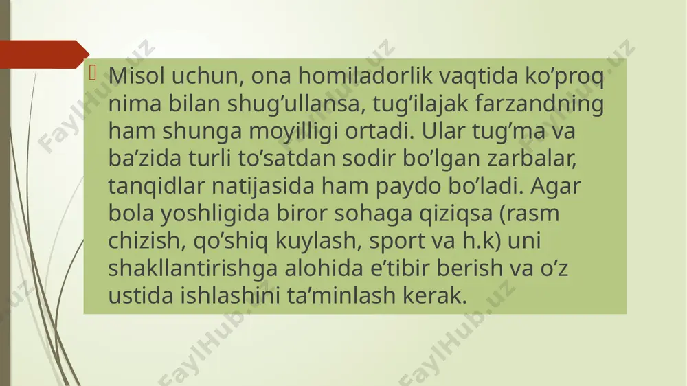 t deb atalmaydi, ko’plab faoliyatlarning muvaffaqiyati bilan bog’liq. 3. qobiliyat tushunchasi faqat ma’lum bir shaxs tomonidan ishlab chiqilgan, ko’nikmalar bilan chegaralanib qolmaydi. k.k.platonova esa qobiliyatni shunday ta’riflaydi: “qobiliyatlar – bu ma’lum bir faoliyatni o’zlashtirish va uni takomillashtirish muvaffaqiyatini belgilaydigan shaxsiyat sifati” turli mualliflar nuqtai nazaridan yuqoridagi qobiliyat tushunchalaridan shuni aytish mumkinki, odam ma'lum bir faoliyatga qodir bo'lib tug'ilmaydi, uning qobiliyatlari to'g'ri tashkil etilgan tegishli faoliyatda shakllanadi, shakllanadi, rivojlanadi. ta'lim va tarbiyaning ta'siri. qobiliyatlar-bu tug'ma ta'lim emas, balki butun umr saqlanib qoluvchi iste’doddir. qobiliyatli inson iqtidorlimi? ma’lum bir sohada yuqori cho’qqilarni zabt etishga imkon beradigan turli qobiliyatlar kombinatsiyasi bu iqtidor hisoblanadi. xoxish muvaffaqiyatga erishishga kafolat bermaydi, ammo unga erishish imkonini beradi. qobiliyatlarni rivojlantirishga to’g’ri yo’naltirish tamoyillari: •nima uchun kerakligini tushunish lozim, nima xohalyotganizni aniqlay olinsagina, ularning shakllanishi tezroq amalga oshadi. ya’ni, giyohvand “nasha”ga qanchalik talpinsa, kishi ham o’z qobiliyatiga shu kabi talpinib, qiziqishi va uni rivojlantirish, yaxshiliklarga sarflashga shu qadar ishtiyoqmand …