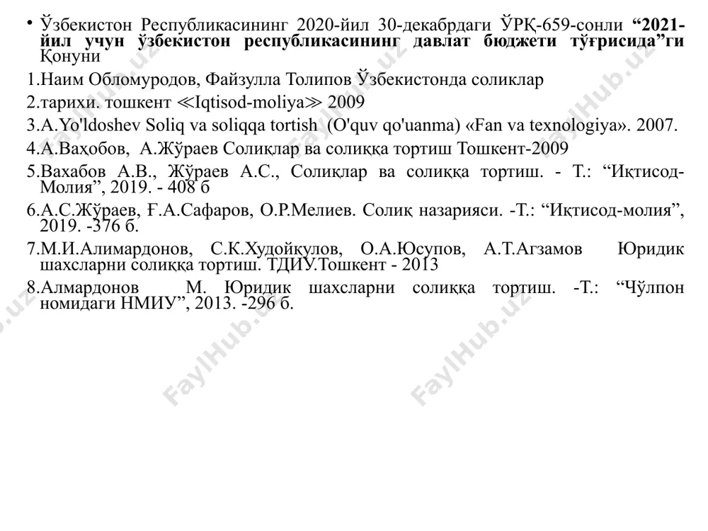 нининг предмети солиқ муносабатларини (ҳаракатини), солиқлар механизмини ҳар томонлама ўрганишдан иборатдир. * фаннинг функциялари солиқ мутахассиси ва бошқа солиқ идоралари ходимларини назарий жиҳатдан қуроллантириш ҳамда амалиётда адашмаслик учун йўл - йўриқлар кўрсатишдан иборатдир. шунингдек, чет эл солиқ амалиётини ўрганиш ва таққослаш асосида тегишли хулосалар ишлаб чиқиш, уларнинг иш тажрибаларини ўзимизнинг амалиётга мослаб зарур жойларини тадбиқ этишдан иборатдир. * соликлар - ахолидан, корхоналар ва хужалик юритувчи бошка субъектлардан давлат (марказий ва махаллий хокимият, хусусан, солик органлари) томонидан ундириб олинадиган мажбурий туловлардир. 3.солиқларнинг иқтисодий моҳияти ва обектив зарурлиги давлат ўз фукаролари учун маълум тартибга солинган солик тизимини жорий этса, улардан йигиб олинган соликлар асосида режали давлат бюджет тизимини шакллантирса, мукаммал солик ва молия тизими шаклланган булади. соликлар мажбурий туловлардир. фан қуйидаги фанлар билан ўзаро боғлиқ? иқтисодий таълимотлар тарихи 1 иқтисодиёт назарияси 2 давлат бюджети 3 молия ва бошқалар 4 умумий усул: 1)диалектик a)индуксия b) дедиксия 2) илмий aбстраксия усул алохида усул: такослаш, …
