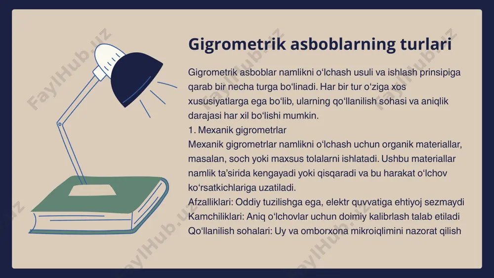 rometr ishlatilayotgan bo‘lsa, natijalar avtomatik tarzda foiz (%) shaklida aks etadi. psixrometrlar uchun maxsus jadvallar yoki formulalar yordamida hisoblash amalga oshiriladi. 4. natijalarni tahlil qilish o‘lchov natijalari quyidagi jihatlar bo‘yicha tahlil qilinadi: normativ qiymatlar bilan solishtirish – maqsadga muvofiq ideal namlik darajasini aniqlash o‘zgarish dinamikasini kuzatish – kun davomida yoki ma’lum davr mobaynida namlik o‘zgarishlarini baholash sharoitni yaxshilash choralari – agar namlik darajasi me’yordan chetga chiqqan bo‘lsa, shamollatish, namlantirish yoki quritish choralarini ko‘rish xulosa gigrometrik asboblar namlikni aniqlashda muhim rol o‘ynaydi. ularning turlari va ishlash prinsiplari farqlanadi, lekin asosiy maqsad – aniq o‘lchovlarni ta’minlash. nisbiy namlikni hisoblashda formulalar va jadvallar qo‘llanadi. o‘lchov natijalari ishonchli bo‘lishi uchun asboblarni to‘g‘ri ishlatish va tekshirib borish zarur. gigrometrik o‘lchovlar meteorologiya, sanoat va qishloq xo‘jaligida keng qo‘llanadi. foydalanilgan adabiyotlar 1.gavrilov v.a. – "atmosfera fizikasi va meteorologik o‘lchovlar", moskva, 2015. 2.petrov n.v. – "gigrometriya asoslari va namlikni o‘lchash texnologiyalari", sankt-peterburg, 2018. 3.o‘zbekiston respublikasi davlat meteorologiya xizmati …