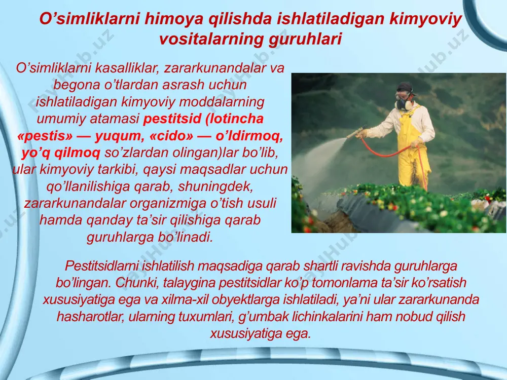 qattiq zarralar holida bo’ladi) va emulsiyalar holida (bunda suvda erimaydigan pestitsid suyuqlik ko’rinishida bo’lib, suv bilan aralashtirilganidan keyin bir jinsli purkash tomchilar holida muallaq qoladi), don omborlari, issiqxonalar va boshqa binolarni yuqumsizlantirish uchun ham shu usuldan foydalaniladi. changlash kukunsimon zaharli moddalarni qishloq xo’jalik zararkunandalariga qarshi ishlatishda odatda changlash usulidan foydalaniladi. kukunsimon preparatlar dustlar bilan havo quruq va issiq bo’lib turgan paytda o’tkaziladi. mazkur usul eng oson bo’lib asosan qurg’oqchil tabiatli joylarda ko’p rayem bo’lgan. changlashda pestitsid purkash usulidagiga qaraganda ko’proq sarflanadi, preparatning ko’pgina qismi shamol bilan har yoqqa (ayniqsa, yuqori ko’tariladigan havo oqimi bilan yuqoriga) ketib qoladi va iyerof bo’ladi. yoxud boshqa ekinlarga tushib, ularning zararlanishiga sabab bo’ladi. tuproqqa donador preparatlarni solish qishloq xo’jalik ekinlari zararkunandalariga qarshi kurash chora-tadbirlarini yanada mukammallashtirish, avvalo, o’simliklarni kimyoviy yo’l bilan himoya qilish tadbirlarini tubdan yaxshilashni talab etadi. g’o’za nihollarini o’simlik bitlari, o’rgimchak kana va g’umbaklardan saqlash uchun bir qancha preparatlarni birga qo’shib tayyorlangan donador …