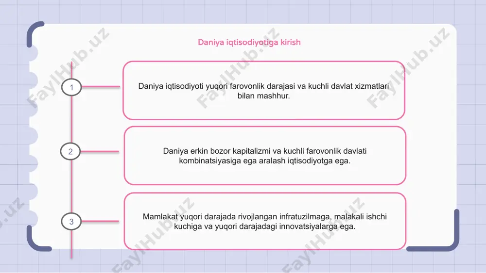 un asosiy tarmoqlarga qayta tiklanadigan energiya, sog'liqni saqlash, texnologiya va barqaror qishloq xo'jaligi kiradi. daniya iqtisodiyotida innovatsiyalar va texnologiyalar daniya iqtisodiyoti yuqori darajadagi innovatsiyalar va texnologiyalar bilan mashhur. innovatsiyalar va texnologiya daniyada iqtisodiy o'sish va samaradorlikni oshirishda hal qiluvchi rol o'ynaydi. daniya tadqiqot va ishlanmalarga katta e'tibor qaratadi, bu esa turli sohalarda yutuqlarga olib keladi. 1 2 3 daniya iqtisodiyotida barqarorlik va yashil tashabbuslar daniya iqtisodiyoti yashil tashabbuslarga kuchli e'tibor qaratilishi tufayli yuqori darajada barqarordir. daniya qayta tiklanadigan energiya manbalariga sodiqligi bilan mashhur va 2050 yilga kelib ugleroddan neytral bo'lishni o'z oldiga maqsad qilib qo'ygan. mamlakatda barqaror rivojlanishga ko‘maklashish va issiqxona gazlari chiqindilarini kamaytirish bo‘yicha turli siyosat va chora-tadbirlar amalga oshirildi. daniya iqtisodiyotida bandlik va mehnat bozori daniya bandlik bozori kuchli, bandlik darajasi yuqori va ishsizlik darajasi past. daniyadagi mehnat bozori moslashuvchan bo'lib, ish joylari va tarmoqlar o'rtasida oson o'tish imkonini beradi. daniyalik ishchilar yuqori ish haqi va yaxshi ish …