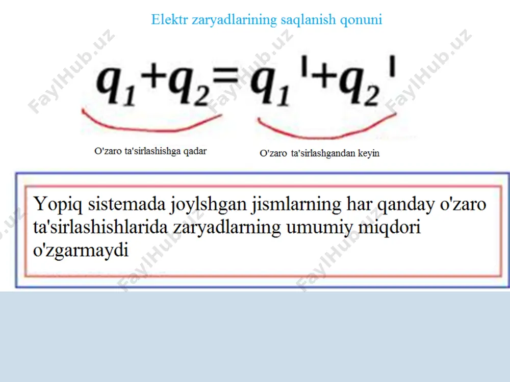 ast bosimlarda hosil bo’ladi. uchqinli razryad – atmosfera bosimi ostida bo’lgan gazlarda elektr maydon kuchlanganligi kattaligida paydo bo’ladi. yoli razryad –shu hollarda kuzatiladi: a) kuchli ma’nba orqali uchqinli razryad yonganidan so’ng elektronlar orasidagi masofa kamaytirilganda; b) uchqin bosqichini o’tganda, elektrodlarni yaqinlashtirib bir –biriga tekkizilgandan so’ng ajratilganda. tojli razryad - katta sirt egriliklariga ega bo’lgan elektrodlar atrofidagi kuchli bir jinsli bo’lmagan maydonda katta bosim mavjudligida. 38 plazma plazma – bu qisman yoki to’la ionlashgan gaz bo’lib, unda musbat va manfiy zaryadlar zichligi mos bo’ladi. plazma elektr neytral tizim bo’ladi. ionlashgan darajasi har xil bo’lishi mumkin. to’la ionlashgan plazmada neytral atomlar bo’lmaydi. 39 xhnazorat savollari 1. elektr zaryadi deb nima ataladi? 2. elementar zaryad deb qanday zaryadga aytiladi va uning son qiymati qanchaga teng? 3. elektr zaryadining saqlanish qonunini ta’riflang. 4. kulon qonunini ta’riflang va uning si dagi ifodasini yozing. 5. si da zaryad birligi qanday? 6. elektr maydon nima? 7. elektr …