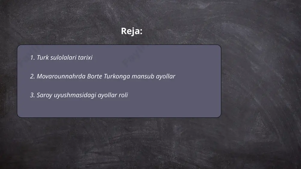 ixda muhim iz qoldirishgan. ... t.me/slaydai_bot "saroy uyushmasidagi ayollar roli" mavzusida, ayollar asosan san'at, adabiyot va siyosatda muhim rol o'ynashgan. ular o'z bilim va ijodini sultonga yaqin bo'lish uchun foydalanganlar. masalan, nurjahon begim (1577-1645) mug'al imperiyasida siyosiy kuchga ega bo'lgan. saroyda odatda 50-100 nafar ayol xizmat qilgan, ular orasida shoir yoki musiqachilar ham bo'lgan. ba'zi manbalarga ko'ra, usmoniy imperiyasida haremlar sariyog' boshi ayollaridan biri afsuslanmaydigan kuchli ta'sirga ega bo'lgan. ayollar ijodi esa, masalan, usmoniy shoiri mihri xotunning ijodiy merosi, keyinchalik ko'plab adabiy asarlarida aks etgan. bu ayollar saroyda ko'p qirrali vazifalarni bajarganlar va madaniy rivojlanishga hissa qo'shganlar. ... t.me/slaydai_bot 4. xiva xonligi boshqaruvi davrida malikalarning ahamiyati xiva xonligi boshqaruvi davrida malikalarning ahamiyati katta bo'lgan. xiva xonligida malikalarning ijtimoiy va siyosiy roliga katta e'tibor qaratilgan. ular ko'pincha diplomatik aloqalarda va sulollarni mustahkamlashda muhim rol o'ynashgan. malika qutlugʻ turkan ogʻa juda katta ta'sirga ega bo’lgan, u davlat boshqaruviga faol aralashgan. 18-asr oxiri …