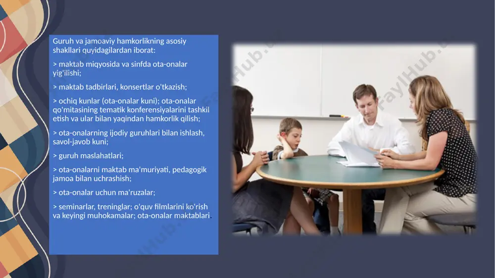 qot qilishdir. bu oddiy tuyulishi mumkin, lekin ko'pincha suhbatlar uzilib qoladi, chunki o'qituvchi maxsus ta'lim sohasiga xos bo'lgan tilni ishlatadi va ota-ona uchun notanish bo'lishi mumkin. o'qituvchilar suhbat boshida ota-onalarga tegishli so'z birikmalarini, masalan, turar joy va modifikatsiyani tushunishlariga ishonch hosil qilishlari muhimdir. bu keyinchalik muammolarga olib kelishi mumkin bo'lgan o'ziga xos tushunmovchilik yo'qligiga ishonch hosil qiladi. o'qituvchi ham ota-onani faol tinglashi kerak. yechimlar va usullarga berilib ketish shunchalik osonki, o'qituvchilar talaba uchun eng samarali bo'lgan narsa haqida fikr-mulohazalarini o'tkazib yuborishlari mumkin. ota-onalar qaysi tayanchlar ishlayotganini va qaysi biri ishlamayotganini aniqlashga yordam beradi va muvaffaqiyatga ta'sir qiladigan o'zgarishlarni amalga oshirishga yordam beradi. farzandimning misolida, nutqdan matnga dasturiy ta'minot yaxshi ishlamadi, shuning o'rniga biz klaviaturada ishlash ko'nikmalarini rivojlantirdik va boshqa yo'l orqali muvaffaqiyatga erishdik. e’tiboringiz uchun rahmat! image2.jpg image3.png image4.png image5.png image6.png image1.jpg /docprops/thumbnail.jpeg