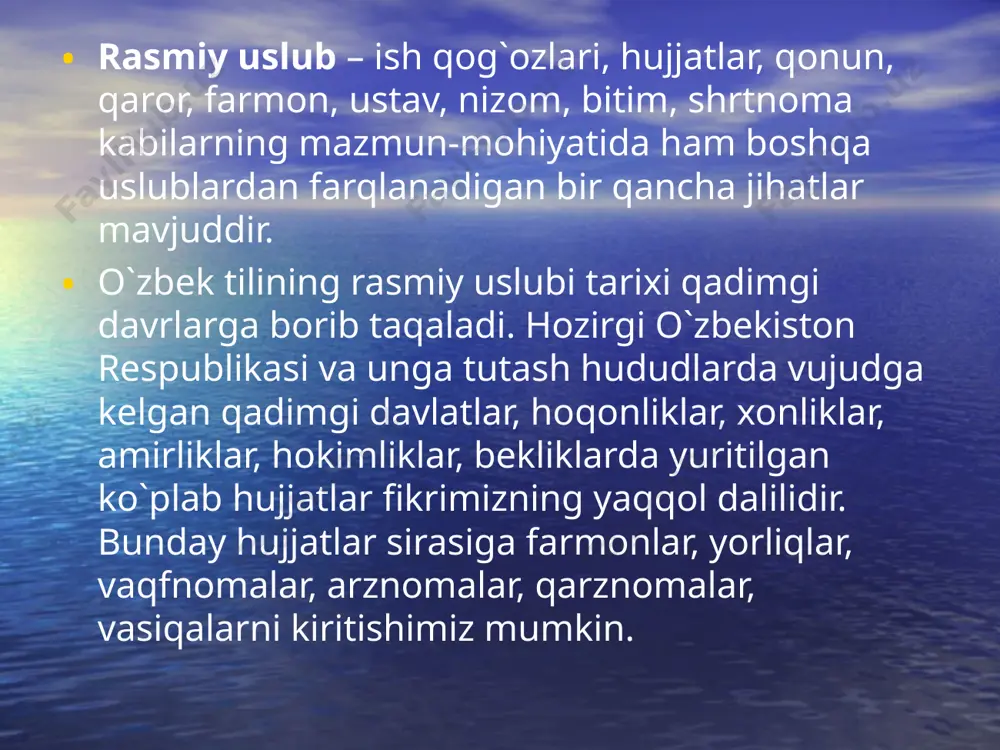 lgan yil, kun, oy va tug`ilgan joyi ; v) millati, ijtimoiy kеlib chiqishi ; g) ota-onasi haqida qisqacha ma'lumot (familiyasi, ismi va otasining ismi, ish joyi); d) ma'lumoti (qaеrda, qanday o`quv yurtini tugatganligi va ma'lumotiga ko`ra mutaxassisligi ); е) ish faoliyatining turlari ; yo) oxirgi ish joyi va lavozimi ; z) jamoat ishlarida ishtiroki i) oilaviy ahvoli va oila a'zolari ; y) pasport ma'lumotlari ; k) turar joyi (uy adrеsi), tеlеfoni. bildirishnoma bildirishnoma xodimning ma’muriyatga, korxona, tashkilot, muassasa rahbariga biror-bir voqea-hodisa (ijobiy yoki salbiy), ishda yuz bergan uzilishlar, yo‘l qo‘yilgan biror bir kamchilik, nuqson, shuningdek mehnat ta’tilidan, homiladorlik ta’tilidan, betoblikdan so‘ng vazifasini bajarish uchun ishga chiqqanligini ma’lum qilish to‘g‘risida taqdim etadigan yozma axboroti. shuningdek, bildirishnomalar quyi bo‘g‘in mutasaddilari tomonidan o‘qish, ish, ilmiy, ijodiy va jamoat ishlaridagi faolligi uchun talaba, ishchi, xizmatchi xodimlarni moddiy yoki ma’naviy rag‘batlantirish haqida korxona rahbari nomiga yozilishi ham mumkin. bildirishnomalar tashqi va ichki bildirishnomalar kabi turlarga …