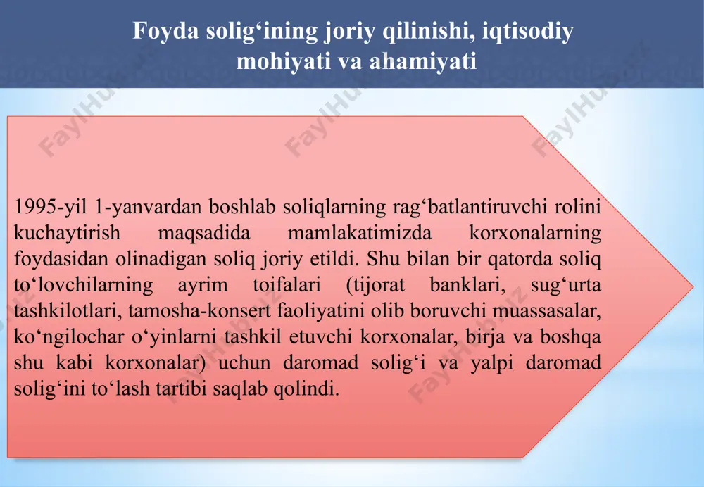 kamaytiradi. 14 yuridik shaxslarning foyda solig‘i bo‘yicha soliqni to‘liq, to‘g‘ri aniqlash (hisoblash) uchun ularning jami daromadlari tarkibiga nimalar kirishini mukammal o‘rganish zarur bo‘ladi. soliq kodeksining 297-moddasiga muvofiq, jami daromad yuridik shaxs tomonidan o’zbekiston respublikasidagi va uning hududidan tashqaridagi manbalardan hisobot (soliq) davri mobaynida olingan daromadlardan iboratdir. jami daromadlar tarkibi, jami daromaddan chegirmalar 15 jami daromad, qo’shilgan qiymat solig’ini va aksiz solig’ini inobatga olmagan holda aniqlanadi. jami daromadga har qanday shaklda va (yoki) har qanday faoliyatdan olinishi lozim bo’lgan daromadlar kiradi. jami daromadlar tarkibi, jami daromaddan chegirmalar 16 jami daromadlar tarkibi, jami daromaddan chegirmalar jami daromadga har qanday shaklda va (yoki) har qanday faoliyatdan olinishi lozim bo’lgan daromadlar, xususan, quyidagi daromadlar kiradi: 17 1 o’zbekiston respublikasining yuridik shaxslari; 2 o’zbekiston respublikasining soliq solish masalalari bo’yicha xalqaro shartnomalariga muvofiq ushbu xalqaro shartnomalarni qo’llash maqsadlari uchun o’zbekiston respublikasining soliq rezidentlari deb e’tirof etilgan chet el yuridik shaxslari; 3 haqiqatdagi boshqaruv joyi o’zbekiston respublikasi …