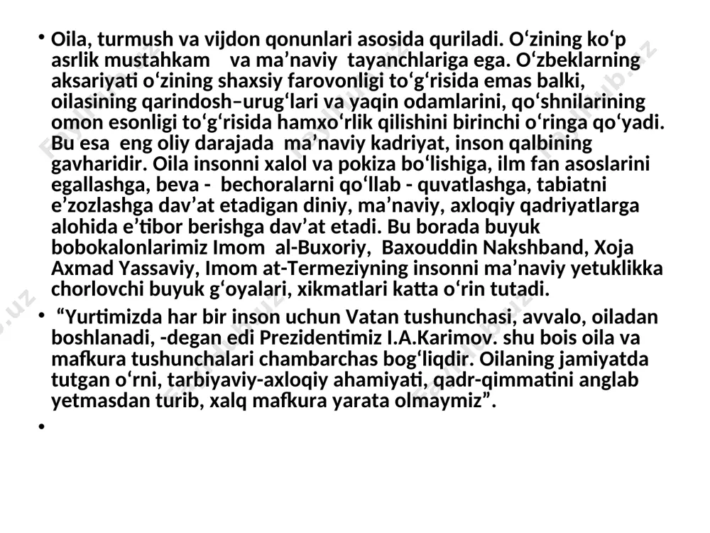 va bolalarning o‘zaro hamkorligi va hurmati, qarindoshlarning bir-biriga yordam qo‘lini cho‘zilishi, oilaviy pokizalik talabalarini saqlanishi kabi urf-odatlar o‘sib kelayotgan yosh avlod ma’naviyati va axloqi uchun negizga aylanadi, maishiy-madaniy turmushning asosiy tushunchalari va qoidalari xalqimizning urf-odatlari, marosimlari va rasm-rusumlari mustahkam qo‘rg‘ondagidek saqlanib qoladi va avloddan avlodga yetkazib beriladi. mustaqil respublikamizda arastu aytgan oilaning baxt-saodat uyiga aylantirish uchun shart-sharoitlar yaratilgan. bugungi kunda sog‘lom, aqlli, bilimli, tashabbuskor, fidoiy yoshlarni oila muhitida tarbiyalash dolzarb vazifadir. 1. mustahkam oila – jamiyat taraqqiyoti garovidir ma’lumki, o‘zbek oilasining va oila a’zolari o‘rtasidagi munosabatlarning o‘ziga xos milliy xususiyatlari mavjud bo‘lib, ota-bobolar va momolardan meros qolan ma’naviy qadriyatlar, urf-odatlar zamirida tarkib topgan oiladagi ma’naviy tarbiyaning asosiga suyaniladi. yurtboshimiz ta’biri bilan izoh beradigan bo‘lsak: “bunda o‘zaro hurmat va qattiq tartib bo‘lmasa, oilaning barcha a’zolari o‘z burchlarini ado etmasa, bir-birlariga nisbatan ezgulik bilan mehr-oqibat ko‘rsatmasa, yaxshi va munosib tarzda yashash mumkin emas... o‘zbeklarning aksariyati o‘zining shaxsiy farovonligi to‘g‘risida emas, balki oilasining …