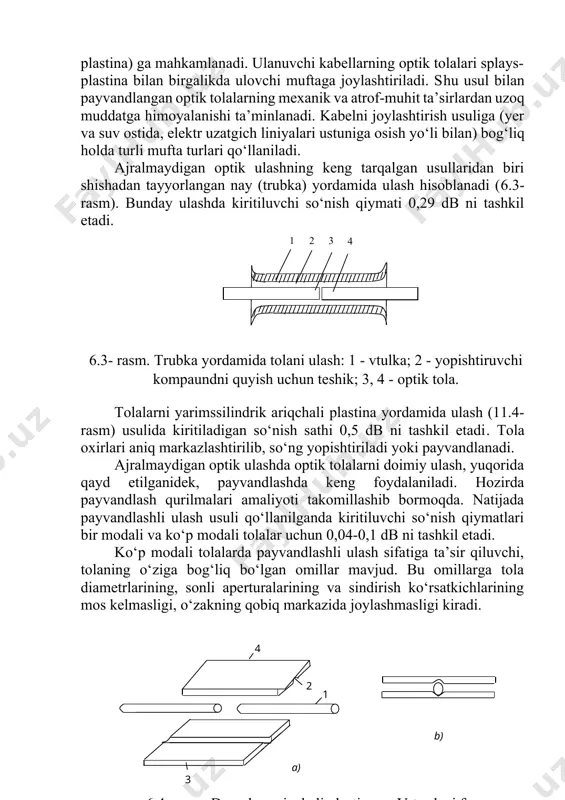 igi (intensivligi) fotodiodning dinamik diapazoni doirasidan chiqadigan darajada katta bo‘lgan qisqa optik tolali seksiyalarda attenyuator o‘rnatish mumkin. ular jadallikni qabul qilgichning dinamik diapazoniga mos keladigan sathgacha kamaytiradi. fc turidagi optik rozetka sc turidagi optik rozetka fc-sc turidagi o‘tish optik rozetka 6.5-rasm. optik rozetka turlarining ko‘rinishi ishlash prinsipi bo‘yicha attenyuatorlar so‘nish qiymati o‘zgaruvchi va so‘nish qiymati o‘zgarmas turlarga bo‘linadi. o‘zgaruvchan attenyuatorlar so‘nish qiymatini 0-20 db oraliqda o‘zgartirish imkonini beradi. so‘nish qiymati o‘zgarmas attenyuatorlarda so‘nish qiymati ishlab chiqaruvchi tomonidan belgilangan bo‘ladi. uning qiymati 0, 5, 10, 15 yoki 20 db ni tashkil etishi mumkin. attenyuatorlar tomonidan kiritiladigan so‘nish 15 % dan ortiq bo‘lmasligi kerak. optik aks etish qobiliyati maksimal -40 db sathda bo‘lishi kerak. attenyuatorlarning ishchi to‘lqin uzunliklari diapazoni eng ko‘pi bilan 1360 nm dan 1580 nm gachani, eng kami bilan 1200 nm dan 1480 nm gachani tashkil etishi kerak. ularning odatiy ishchi to‘lqin uzunligi diapazoni 1310-1580 nm oraliqda yotadi. attenyuatorlarda qutblangan …