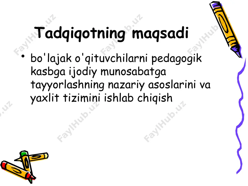 hlab chiqilgan ilmiy-metodik tavsiyalar va tizim oliy o'quv yurtlarida o'qituvchilar tayyorlashni takomillashtirishga xizmat qiladi. himoyaga olib chiqiladigan holatlar: 1. bo'lajak o'qituvchilarni pedagogik kasbga ijodiy munosabatga tayyorlashda kasbga layoqatlilikning mohiyati. 2. pedagogik faoliyat motivlarini har tomonlama rivojlantirish shart-sharoitlari va yo'llari. 3. pedagogik kasbga ijodiy munosabatning mohiyatini tushunish va shunga doir bilim, ko'nikma va malakalarni egallash samaradorligini oshirishning didaktik asoslari. 4. bo'lajak o'qituvchilarni pedagogik kasbga ijodiy munosabatga tayyorlashning ta'lim samaradorligini oshirishdagi o'rni. 5. bo'lajak o'qituvchilarni pedagogik kasbga ijodiy munosabatga tayyorlashga doir metodik tavsiyalar va ularning samaradorligi. i. bob bo’lajak o’qituvchilarda pedagoglik kasbiga ijodiy munosabatni shakllantirishning nazariy asoslari i.1. bo'lajak o'qituvchilarni ta'lim jarayoniga ijodiy munosabatni shakillantirish pedagogik muammo sifatida kasb –(arabcha biror narsani o‘rganish, egallash, foyda, hunar, mashg‘ulot) ish faoliyatning ma’lum tajriba tayyorgarlik talab etadigan biror turi, sohasi, hunar mutaxassislik – kasbiy ta’lim, tayyorgarlik yo‘li bilan o‘zlashtirilgan ish jarayonidagi maxsus bilimlar, ko‘nikma va malakalar majmuasi bo‘lib, ular u yoki bu kasb doirasida ma’lum …