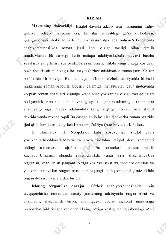 qinini tahlil qilish; ishning tuzilishi. ushbu kurs ishi kirish, xulosa, foydalanilgan adabiyotlardan tashqari, to’rt faslni o’z ichiga olgan asosiy ikki bobdan iborat. ishning xajmi ____ sahifani tashkil etadi. i bob. romanchilik va unda istiqlol davri. 1.1. romanchilik tarixiy taraqqiyoti. roman janri nafaqat o‘zbek adabiyotida jahon adabiyotida ham keng tarqalgan janrlardan biridir.juda ko‘plab ijodkorlar roman janrida samarali ijod qilgan va ko'plab fikrlar bildirgan. xususan belenskiyning fikriga ko‘ra, «zamonamizning epopeyasi romandir. eposning hamma asosi, muhim xususiyatlari romanda bordir, faqat ayirmasi shundaki, romanda boshqa elementlar, boshqa manzara hukm suradi. bunda qahramonlik hayotining afsonaviy o'lchovlari, qahramonlarning azamat siymolari yo‘q, bunda xudolar ishtirok qilmaydi: romanda odatdagi prozaik hayotning hodisalari ideallashtiriladi, umumiy tip ostiga olinadi... bunda odamning taqdiri uning jamiyatiga nisbatan muhim bo‘lib qolmasdan, balki insoniyatga ham muhimdir»."1".v.g.belinskiy fikrlarini davom ettirib, badiiy asar sifatida romanning vazifasi kundalik hayot va tarixiy voqealaming yashirin qalbini, jonli g‘oyasini ochish, tarqoq voqealarni ruh va aql maskani qilish ekanligini alohida v.g.belinskiy …