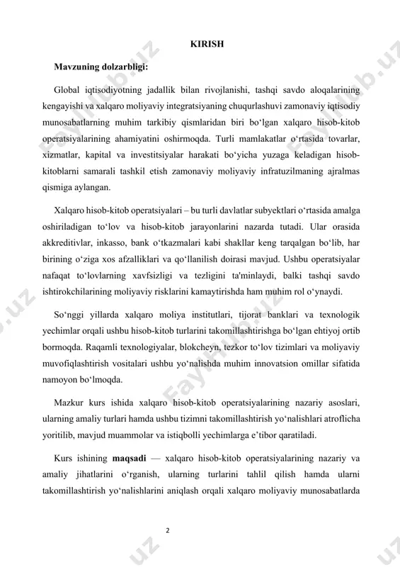 tish hamda o‘z mablag‘larini o‘zining xohishiga ko‘ra erkin tasarruf etish huquqlarini ro‘yobga chiqarishni to‘liq ta’minlash; · ikkinchidan, milliy valyutaning chet el valyutasiga nisbatan kursini belgilashda faqatgina bozor mexanizmlarini qo‘llash; · uchinchidan, valyuta resurslaridan foydalanishda bozor instrumentlarining rolini oshirish, valyuta bozorida barcha xo‘jalik yurituvchi subyektlar uchun teng raqobat sharoitlarini yaratish, valyuta siyosatining noan’anaviy tarmoqlarda eksportni rivojlantirishda, mintaqaviy va xalqaro iqtisodiy hamkorlikni mustahkamlashda rag‘batlantiruvchi rolini oshirish; · to‘rtinchidan, sifatli ish o‘rinlari va yuqori qo‘shilgan qiymatli mahsulotlar ishlab chiqarishni bevosita rag‘batlantirish uchun iqtisodiyotning barcha sektorlariga to‘g‘ridan to‘g‘ri xorijiy investitsiyalar, bilim va texnologiyalar jalb etishga xizmat qiladigan ishbilarmonlik va investitsiya muhitini yaxshilash; · beshinchidan, bank tizimining barqarorligini ta’minlash va uning tavakkalchiliklarga bardoshliligini, shu jumladan, valyuta siyosatini liberallashtirishning vujudga kelishi mumkin bo‘lgan salbiy ta’sirini yumshatishga qaratilgan samarali choralarni qo‘llash hisobiga oshirish; bugun o‘zbekiston toboro jahon integtarsiyalashuv jaroyiniga kirib bormoqda. buning esa asosiy sababi davlatimiz rahbari va hukumatimiz tomonidan olib borilayotgan oqilona va uzoqni ko‘zlagan tashqi …