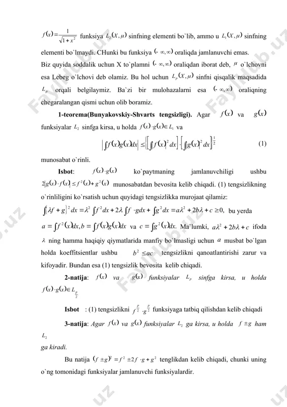 u holda va (1) munosabat o`rinli. isbot: ko`paytmaning jamlanuvchiligi ushbu munosabatdan bevosita kelib chiqadi. (1) tengsizlikning o`rinliligini ko`rsatish uchun quyidagi tengsizlikka murojaat qilamiz: bu yerda va ma`lumki, ifoda ning hamma haqiqiy qiymatlarida manfiy bo`lmasligi uchun musbat bo`lgan holda koeffitsientlar ushbu tengsizlikni qanoatlantirishi zarur va kifoyadir. bundan esa (1) tengsizlik bevosita kelib chiqadi. 2-natija: va funksiyalar sinfga kirsa, u holda isbot : (1) tengsizlikni funksiyaga tatbiq qilishdan kelib chiqadi 3-natija: agar va funksiyalar ga kirsa, u holda ham ga kiradi. bu natija tenglikdan kelib chiqadi, chunki uning o`ng tomonidagi funksiyalar jamlanuvchi funksiyalardir. 2. gyolder tengsizligi 4-teorema:(gyolder tengsizligi). agar bo`lib, bo`lsa, u holda va (2) munosabatlar o`rinli bo`ladi. isbot: funksiyani qaraymiz. bu funksiya qiymatlarda musbat va o`suvchi funksiyadir. shuning uchun ham teskari funksiya mavjud. o`qdan ixtiyoriy nuqtani, o`qdan esa ixtiyoriy nuqtani olib, bu nuqtalar va funksiyaning grafigi yordamida va egri chiziqli uchburchaklarni hosil qilamiz. hosil bo`gan uchburchaklarning yuzlari mos ravishda va sonlarga …