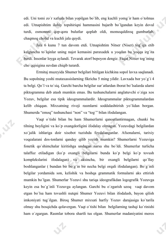 kdan logografik yozuvga keyin esa bo`g`inli yozuvga aylangan. garchi bu o`zgarish uzoq vaqt davom etgan bo`lsa ham tovushli nutqni shumer yozuvi bilan ifodalash, bayon qilish imkoniyati tug`ilgan. biroq shumer mixxati harfiy yozuv darajasiga ko`tarila olmay shu bosqichda qolavergan. vaqt o`tishi bilan belgilarning tashqi ko`rinishi ham o`zgargan. rasmlar tobora shartli tus olgan. shumerlar madaniyatini meros qilib olgan bobillar va assiriylar shumer yozuvini qabul qilib, uni o`z tillariga moslab soddalashtirganlar va tubdan o`zgartirganlar. assiriylar mixxat sistemasini soddalashtirganlar. undagi belgilar sonini kamaytirib o`z qo`shimchalarini qo`shganlar. mixxatlar o`qilgach, ko`rimsiz kulrang lavxalarga bo`lgan munosabat o`zgargan. agar ular ilgari tashlab yuborilgan bo`lsa, keyinchalik ular saralangan, chang loydan yaxshilab tozalanib ilmiy markazlarga yuborilgan. ko`p miqdorda sopol lavxalar topila boshlangan. urukning o`zida bu sopol lavxalari, tol novdasidan to`qilgan savatlarda saqlangan keyin dasta dasta qilib bog`lab, dastalarga “ishchilarga maktubi”, “bog` ishlariga doir xujjatlar”, “to`qimachlik ustaxonasiga tegishli xujjatlar solingan kumush savat” deb yozilgan va yorliqlar osib qo`yilgan. bular podsho va …