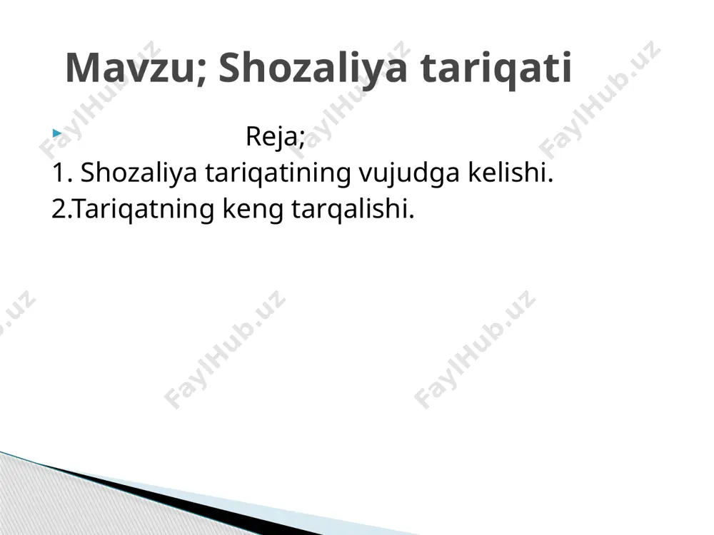 va jazoirda yoyildi. "hikami atoiya" asari muallifi atoulloh iskandariya ( 1309) ham mursining murididir.bu tariqatning yorqin siymolaridan biri shayx zurruk bulib, u ham ushbu tariqatning keng tarqalishiga katta hissa qo’shgan. xix asrda shayx muhammad ibn muhammad sayi harakati bilan keng tarqalgan bu tariqat afrikada islomning keng tarqalishida va xatto mustamlaka bo’lgan shimoliy afrika o’lkalarning istiqlol kurashlarida faollik ko’rsatgan.onadulda keng tarqalmagan. usmoniy podshohi sulton abdulxamidxon 11 o’z davrida shozaliy shayxiga intisob etgan. asrimizning birinchi yarmida yevropa mamlakatlarida ayniqsa fransiyada islomning yoylishida shozaliya tariqatining xizmati katta buldi. chunonchi mashhur fransuz mutafakkiri rene gyunon (hozirgi ismi abdulvohid yahyo) ham musuimon bo’lgach bu tariqatga kergan.tariqatning darkaviya tarmog’iga qarashli alaviya shaxobchasi fransiyada ,,le amis de islom’’(islom do’stlari) uyushmasi sifatida faollik ko’rsatmoqda. image1.jpeg /docprops/thumbnail.jpeg