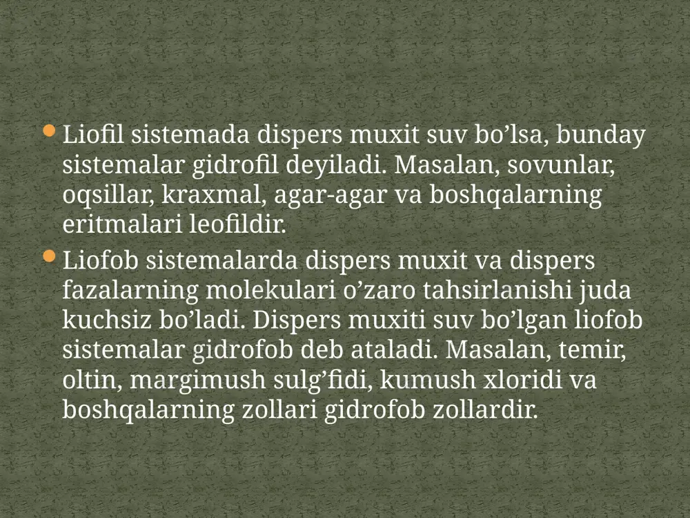 haning tuzilishini kumush xlorid zoli misolida ko’rib chiqamiz. u kumush nitrat eritmasi bilan natriy xlorid eritmasi tahsirlashganda, eritmalardan biri ortiqroq miqdorda bo’lgan sharoitda hosil bo’ladi agno3+nacl = agcl + nano3 agar natriy xlorid ortiq bo’lsa, xlor va na ionlarining bir qismi eritmada ortiqcha miqdorda bo’ladi. panet-fayans qoidasiga binoan molekularlar agregati sirtida uni tarkibi va tabiatiga yaqin ionlar adsorbtsiyalanadi. masalan, eritmadagi ortiqcha natriy va xlor ionlaridan n ta xlor ionlari potentsial aniqlovchi ion agcl ni yuzasiga adsorbtsiyalanadi. yadro atrofida adsorbtsiyalangan potentsial aniqlovchi xlor ionlari o’zlariga qarama-qarshi zaryadlangan (n-x) ta natriy ionlarini o’ziga tortadi. potentsial aniqlovchi ionlar qarama-qarshi zaryadlangan natriy ionlari bilan birgalikda adsorbtsion qavatni tashkil etadi. qarama-qarshi zaryadli ionlarning kolloid zarracha agregatiga adsorbtsiyalanmagan bir qismi diffuzion qavatni hosil qiladi. ularning soni (x) bilan belgilanadi. natriy xlorid ortiqcha bo’lganda hosil bo’lgan kumush xloridning kolloid zarrachalarini tuzilishini quyidagicha ko’rsatish mumkin. iloji boricha barqaror kolloid eritmalarni olish va ularni hossalarini o’rganish uchun ularni tarkibidagi …