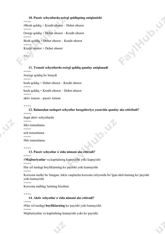 ga olish ==== xo`jalik jarayonlarini buxgalteriya hisobi schyotlarida aks ettirish ==== xo`jalik jarayonlarini maxsus hujjatlarda aks ettirish ==== xo`jalik jarayonlarini bosh kitobga yozish ++++ 19. ikkiyoqlama yozuv – bu … ==== #xo`jalik jarayonlarini ikki va undan ortiq schyotlarda aks ettirilishi ===== xo`jalik jarayonlarini hisob registrlarida aks ettirish ==== xo`jalik jarayonlarini hujjatlashtirish ==== xo`jalik jarayonlarini bosh kitobga kiritish ++++ 20. baholash – bu ... ==== #xo`jalik mablag`lari va jarayonlarini pul o`lchov birligida ifodalash ==== mahsulot tannarxini aniqlash ==== kassada tushumni aniqlash ==== ombordagi materiallarni qayta ro`yxatdan o`tkazish ++++ 21. inventarizasiya – bu … ==== #korxona mablag`larni qayta ro`yxatdan o`tkazish ==== mahsulot tannarxini aniqlash ==== mahsulot bahosini aniqlash ==== sotishdan tushgan tushumni aniqlash ++++ 22. kalkulyasiya – bu … ==== #mahsulot tannarxini aniqlash ==== mahsulot bahosini aniqlash ==== ombordagi mablag`larni qayta ro`yxatdan o`tkazish ==== sotishdan tushgan tushumni aniqlash ++++ 23. buxgalteriya hisobining obyekti ==== #xo`jalik mablag`lari, manbalari, jarayonlari ==== hom ashyo va …