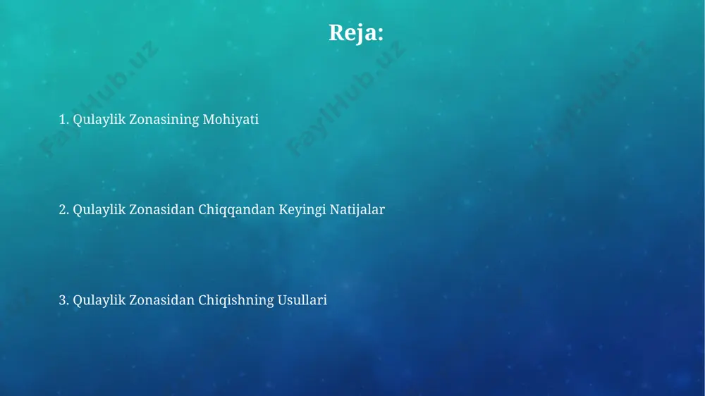 rsatadiki, 70% ishtirokchilar o'zlarining komfort zonasidan chiqishda qiyinchiliklarga duch kelishgan, bu esa samarqanddagi eksperiment natijalari bilan mos keladi. 2022-yilda farg'ona viloyatida o'tkazilgan psixologik testlar natijalari shuni ko'rsatdiki, komfort zonasidan chiqishga tayyor bo'lganlarning motivatsiya darajasi sezilarli darajada yuqori bo'lgan. maqsadlarni belgilab olish har bir maqsad uchun aniq muddatlar (masalan, 6 oy, 1 yil, 3 yil) belgilang va har bir bosqichda bajarilishi kerak bo'lgan 2-3 ta kichik vazifalarni aniqlang. samarqanddagi sayohatingizni rejalashtirish kabi. maqsadlarni belgilab olishda, 5 yildan keyingi hayotingizni tasavvur qiling va unga erishish uchun 3 ta aniq qadamni rejalashtiring, masalan, toshkentda yangi uy sotib olish yoki 100,000 aqsh dollari miqdorida investitsiya qilish. qulaylik zonasining afzalliklari aqshning harvard universiteti tadqiqotchilari fikriga ko'ra, ma'lum bir chegaralangan muhitda ishlash, 10% ga xatoliklar sonini kamaytiradi va konsentratsiyani oshiradi. toshkentdagi bir kompaniyada o'tkazilgan sotsiologik so'rov natijalariga ko'ra, qulaylik zonasida ishlaydigan xodimlarning 70% samaradorlikni 20% ga oshirgan. reja tuzish va uni amalga oshirish o'zgarishlarga 20% qoida …