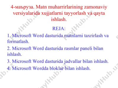 microsoft word dasturiga ma'ruzalar tayyorlash — PPT