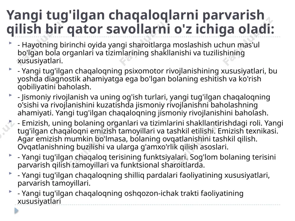 adi. shunday qilib, to'g'ridan-to'g'ri (bog'langan) bilirubin hosil bo'ladi, u ozgina zaharli va siydik bilan osonlikcha ajralib chiqadi va unga o'ziga xos sariq rang beradi. ba'zi holatlarda bilirubin zararsizlanmaydi, u bilvosita deb ataladi va organlar va to'qimalarga, ayniqsa miyaga zarar etkazishi mumkin. davolashning asosiy usuli fototerapiya bo'lib, bilvosita bilirubinning to'g'ridan-to'g'ri o'tishiga yordam beradi. fenobarbital, vit e, sorbentlar va boshqalar kabi dorilarni qo'llash ham mumkin, ammo faqat shifokor ko'rsatmasi bo'yicha. haddan tashqari holatlarda qon quyish amalga oshiriladi ( faqat patologik sariqlik bilan, ko'pincha rh mojarosi bilan). hozirgi vaqtda skleraning engil sariqligi yoki ikterikligini (skleraning sarg'ayishi) 3-4 haftagacha saqlashga ruxsat beriladi. shu bilan birga bilirubinni nazorat qilish kerak, ayniqsa sariqlik yoki chaqaloqning xatti-harakatlarida buzilishlar bo'lsa kandidoz kandidoz (yoki qo'ziqorin) — bu candida jinsining qo'ziqorinlari keltirib chiqaradigan shilliq qavatga ta'sir qiladigan kasallik. bolaning tilida, tanglayida, tish go'shtida oq plyonka shaklida paydo bo'lishi mumkin. ular osongina tozalanadi, lekin juda tez yana paydo bo'lib, ovqatlanish paytida …