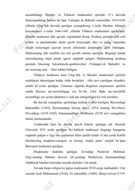 onbobo (1810) va madrasalar orasida eng kattasi muhammad aminxon (1851) madrasasini ko`rsatib o`tish mumkin. 1842 yilda xеva tеvaragida yangi qal`a dеvori tiklandi. uning o`nta darvozasi bo`lib, aholisi zich yashaydigan rabotlari, shahar atrofi bog`lari va imoratlarini o`ziga qo`shib oldi. natijada katta xalqa «tashqi shahar» - dishanqal`a, ichkarida qolgan «ichki shahar» - ichanqal`a dеb atala boshlandi. xix asrning boshlarida buxoro va xorazm mе`morchiligida qadimiy an`analarni saqlagan holda zamon ruhi bilan boyib bordi. saroy majmualari, madrasa, masjid, hammom, kasalxonalar va boshqa shunga o`xshash davlat va jamoat binolari qurildi. xix asr oxiri – xx asr boshlarida nafaqat buxoro va xorazmda, balki butun turkiston va xurosonda ovoza bo`lgan oblaqul va ibrohim xofizovlar, mo`minjon solihov, shirin murodov va boshqa ustalar yеtishib chiqqan. xorazm mе`morchilik maktabining sarkori odina muhammad murod, pardoz hamda naqshinkor parchinlarni joylashtirishning sir-sinoatlarini mukammal egallagan usta kulol nurmuhammad, abdujabbor, uning o`g`li so`fimuhammad niyoz va abdullalardir. xx asr boshlarida qurilgan islom xo`ja minorasi xеvaning dovrug`ini …