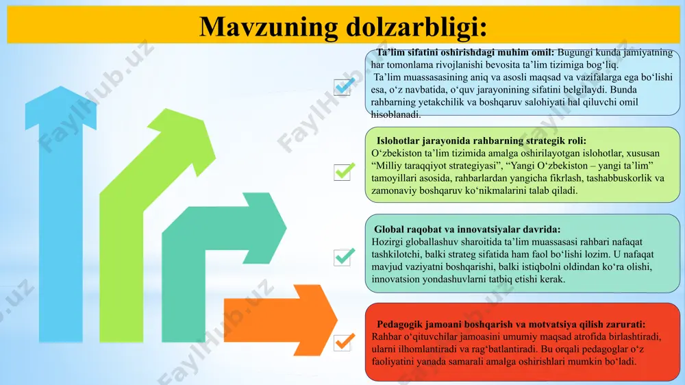 . innovatsion ta’lim uslublarini joriy etishni rag‘batlantirish. 7 yaponiya buyuk britaniya aqsh mavzu yuzasidan xorijiy davlatlar tajribalari: yaponiyada ta’lim muassasasi rahbari o‘zini xizmat ko‘rsatuvchi shaxs deb hisoblaydi – u o‘qituvchilarning ehtiyojlarini aniqlaydi va sharoit yaratadi. an’anaviy qadriyatlarni zamonaviy ta’lim metodlar bilan uyg‘unlashtira olishi. buyuk britaniyada ta’lim muassasasi rahbari o‘zining tashabbuskorligi, strategik fikrlashi va liderlik qobiliyati orqali maktabning barcha jabhalarida ijobiy o‘zgarishlarni amalga oshiradi. u faqat boshqaruvchi emas, balki ilhomlantiruvchi, yo‘l ko‘rsatuvchi va innovator sifatida qaraladi. aqshda maktab direktori — strateg, boshqaruvchi va hamjamiyat bilan muloqot qiluvchi yetakchi. uddaburonlik bilan ko‘rinishi mahalliy biznes va nodavlat tashkilotlar bilan aloqalar o‘rnatib, resurslarni jalb qilish. ta’limda raqobatbardoshlik va innovatsion yondashuvlarning keng joriy etishi. 8 mavzuni qiyosiy tahlil etilganligi: t/r amaldagi holat (o‘zbekistonda) amaldagi holat (xorijda) takliflar 1 umumta’lim maktablarining hozirgi kundagi barchalari ham zamonaviy kreativ fikrlaydigan menejer rahbar emasliklari. yaponiyada ta’lim muassasasi rahbari o‘zini xizmat ko‘rsatuvchi shaxs deb hisoblaydi – u o‘qituvchilarning ehtiyojlarini aniqlaydi …