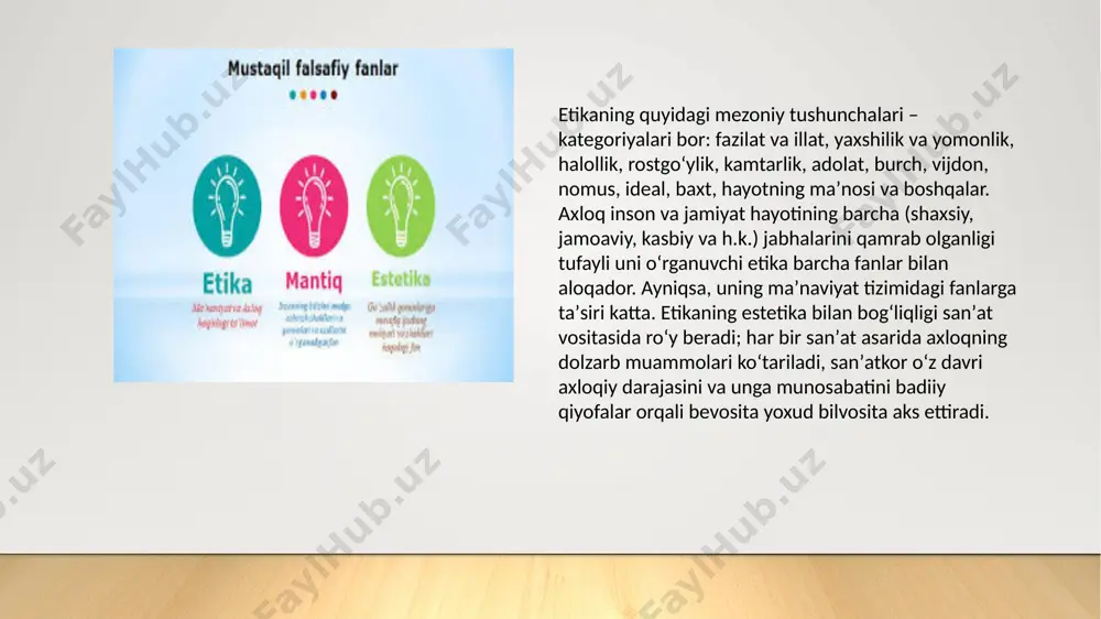 latadi.masalan,insonning va shaxsning o’z qadr-qimmati hissi, ijtimoiy burch hissi, vatanparvarlik, o’rtoqlik, jamoaviylik hissi va xakazo kabilar.axloqiy baholash-sotsial voqelikning turli hodisalarini va kishilarning hatti-harakatlarini ular qanday axloqiy ahamiyatga ega bо’lishiga qarab,ma’qullash yoki qoralashdir. umumiy tarzda axloqiy baholash yaxshilik va yomonlik tushunchalarida amalga oshiriladi. etiboringiz uchun rahmat image2.jpeg image3.jpeg image4.jpeg image1.jpg /docprops/thumbnail.jpeg