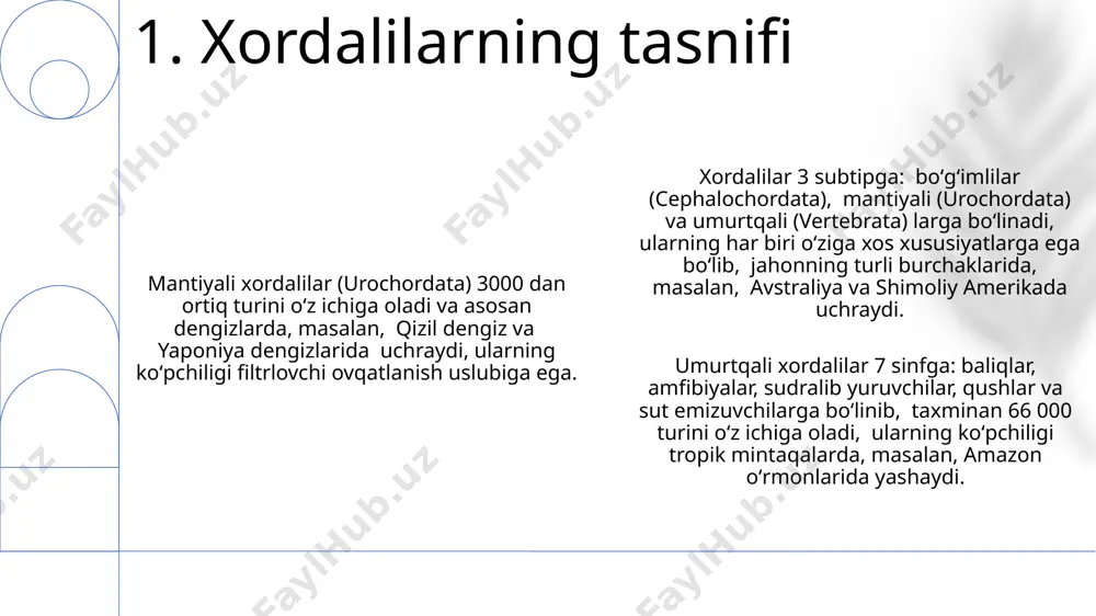 etlar, umurtqasizlar oilasiga mansub bo'lib, taxminan 30 ga yaqin turi mavjud va ularning ko'pchiligi tropik va subtropik mintaqalarning, xususan, amerika qo'shma shtatlari atlantika sohilidagi qumli tuproqlarda yashaydi. lansetlarning embrion rivojlanishi notochord, nerv naychasi va gill yorig'lari kabi xordali xususiyatlarni namoyon qiladi, bu ularning umurtqali hayvonlar bilan yaqin qarindoshligini ko'rsatadi va ularning filogenetik ahamiyati katta. lansetlarning uzunligi odatda 3 dan 8 santimetrgacha bo'ladi va ularning tanasi uzun, yon tomonlari siqilgan bo'lib, 60 dan ortiq gill yorig'iga ega. ular filtrlovchi ovqatlanish usuliga ega. 7. lanceletlar dunyodagi eng katta sutemizuvchi – ko'k kitning uzunligi 33 metrga yetadi va u antarktika suvlarida yashaydi. sut emizuvchilarning 3000 dan ortiq turi mavjud bo'lib, ular yer sharining deyarli barcha burchaklarida, antarktida bundan mustasno, tarqalgan. sutemizuvchilarning aksariyati, masalan, primatlar (maymunlar, odamlar) 7 ta bo'yin umurtqasiga ega, bu esa ularning anatomik jihatdan o'xshashligini ko'rsatadi. 8. sut emizuvchilar oyoqsizlarning asosiy oziq-ovqat manbai — mayda qisqichbaqasimonlar va boshqa umurtqasizlardir. ba'zi turlari …