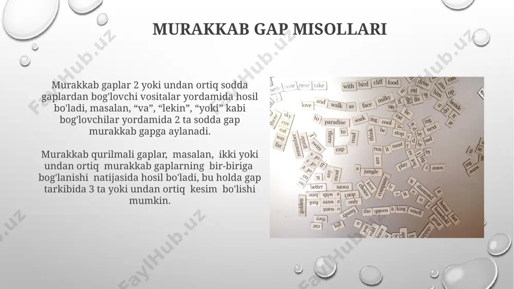 r yordamida, qo'shma gaplar hosil qilish orqali tuziladi, ularning soni 2 dan ortiq bo'lishi mumkin. murakkab gaplarda tinish belgilar murakkab gaplarda nuqta (.) mustaqil sodda gaplarni bog'lovchisiz bog'lashda ishlatiladi, bu holda har bir sodda gap o'ziga xos ma'no ifoda etadi va bir-biriga bog'liq emas. 2 dan ortiq sodda gaplar bo'lishi mumkin. murakkab gaplarda vergul (,) ikki yoki undan ortiq sodda gaplarni bog'lovchi bog'lamalarsiz bog'lashda, masalan, sanab o'tish holatlarida qo'llaniladi. gapning mantiqiy qismlarini ajratishda kamida 2 ta sodda gap bo'lishi kerak. murakkab gaplarni qo'llash murakkab gaplarning turli xil tuzilmalari (masalan, bog'langan, izohli, qo'shma) ma'lumotni mantiqiy tartibda taqdim etish va 5 ga yaqin turdagi fikrlarni ifodalashga imkon beradi. murakkab gaplar matnning mazmunini boyitadi va 2-3 sodda gaplardan iborat murakkab gaplar yordamida fikrlarni aniqroq ifodalash imkonini beradi, bu o'quvchilar uchun tushunarli bo'ladi. murakkab gaplarga oid mashqlar murakkab gaplarni sodda gaplarga ajratish bo'yicha mashqlar, kamida 3 ta murakkab gapni tahlil qilish va ularni tarkibiy …