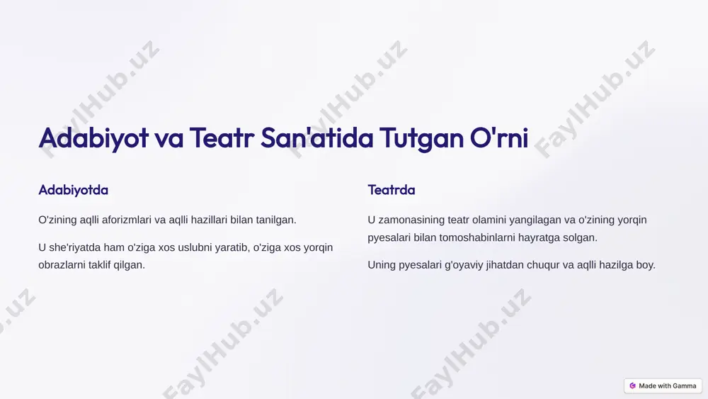 tabiati uning ertaklarida tasvirlangan inson tabiatining kuchli va zaif tomonlari bugungi kunda ham dolzarbdir. sevgi va muhabbat sevgi va muhabbatning turli jihatlari haqida hikoya qiladi, bu mavzu har qanday davr uchun dolzarb. hayot va o'lim uning ertaklarida hayotning beqiyosligi va o'limning haqiqati haqida chuqur mulohaza yuritiladi, bu biz uchun ham dolzarbdir. 9 xulosa va esdaliklar oskar uald - o'zining aqlli hazili va chuqur g'oyalari bilan mashhur ingliz yozuvchisi. uning ertaklari o'zining jozibadorligi, falsafiy chuqurligi va dolzarbligi bilan ajralib turadi. uning asarlari bizni o'ylashga, hayot va o'lim haqida mulohaza yuritishga undaydi. 10 image1.png image2.png image3.png image4.png image5.png image6.png image7.png image8.png image9.png image10.png image11.png image12.png image13.png image14.png