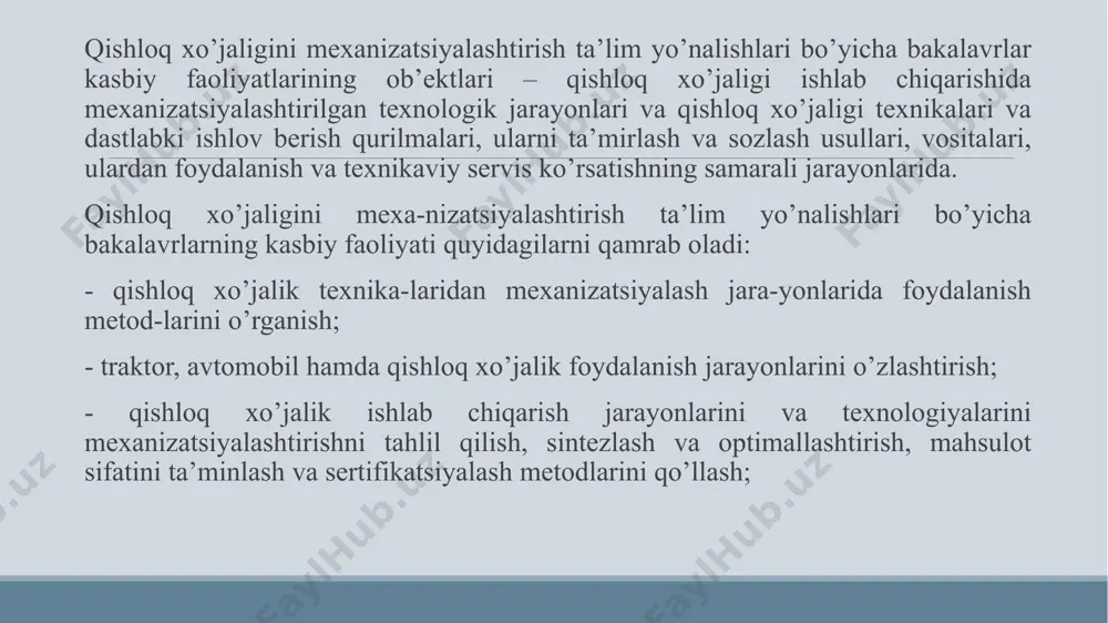 dga erishish uchun qo’yidagi vazi-falar belgilanadi: - qishloq xo’jaligi muxan-dislik tizimlari fanini o’rga-nishning maqsadi va vazifa-lari; - o’zbekiston qishloq xo’ja-ligi ishlab chiqarishi va suv xo’jaligi tizimi holati, rivojlanish istiqbollari; - jaxon qishloq xo’jali-gini mexanizatsiyalashtirilishi haqida umumiy ma’lumotlar; - mustaqillik yillarida o’zbekiston qishloq xo’jaligi texnikasi va kelajakdagi istiqboli; - respublika qishloq xo’jaligi texnikasi ishlab chiqaradigan tashkilotlari; - qishloq xo’jaligi mashinalari va istiqbollari; - qishloq xo’jaligi texnikasining yaratilishi va ishlab chiqarishni joriy etilishi; - qishloq xo’jaligi texnikalarini tizimi va joylardagi faoliyati; - "ta’lim tug’risida"gi qonun, kadrlar tayyorlash milliy dasturi va uning ijrosi natijalari. nazorat savollari: qishloq xo’jaligi muhandisining ishlab chiqarishdagi o’rni, uning ahamiyati nimada? qishloq xo’jaligi muhandisining vazifalari nimalardan iborat? ilgarigi va hozirgi zamon energiya manbalari, ularning afzalligi va kamchiliklari. qishloq xo’jaligi muxandislik tizimining vazifasi nimadan iborat? mustaqillik yillarida o’zbekiston qishloq xo’jaligi texnikasi va kelajakdagi istiqboli haqida ma’lmot bering? kadrlar tayyorlash milliy dasturining ilgarigi tizimdan farqi nimada? image1.png image2.png /docprops/thumbnail.jpeg