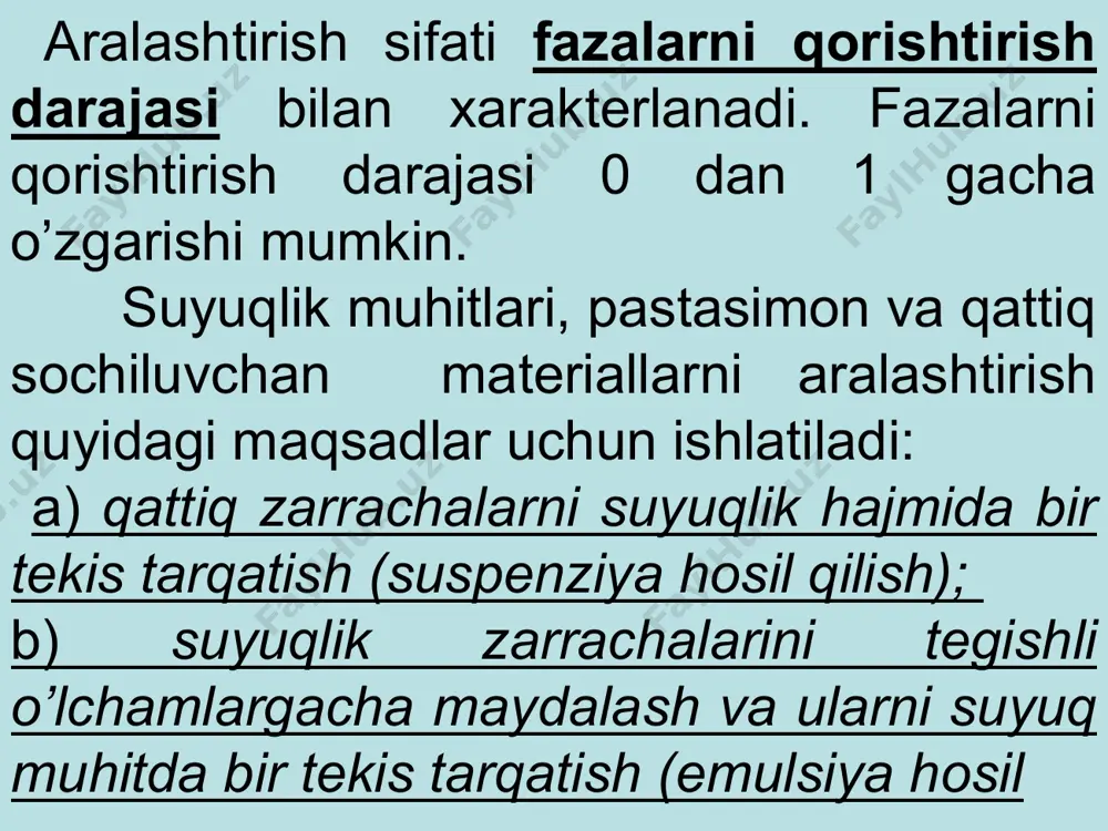 ralashtirgich uchun va sanoatida bunday aralashtirgichlardan tashqari shnekli, lentali, planetar, vibrasion aralashtirgichlar ham mavjud. bu aralashtirgichlar nyuton va nonyuton suyuqliklarni aralashtirish uchun qo'llaniladi. hamma aralashtirgichlar aylanma harakat tezligining qiymatiga ko'ra ikki turga bo'linadi: 1) sekin harakat qiluvchi; agar parrak chekkasining aylanma harakat tezligi atrofida bo'lsa, bunday aralashtirgichlar (masalan, yakorli, ramali va boshqa) sekin harakat qiluvchi aralashtirgich qatoriga kiradi. tez harakat qiluvchi aralashtirgichlarni (masalan, vintli, turbinali va boshqa) aylanma harakat tezligi gacha etib boradi. muhitdagi gidrodinamik rejimga ko'ra aralashtirgichning harakat qilish tezligini aniqlash mumkin. turbulent va oraliq rejimda ishlatilayotgan aralashtirgichlar tez harakat qiluvchi, laminar rejimda ishlatilayotgani esa sekin harakat qiluvchi aralashtirgichlar deyiladi. pnevmatik aralashtirish siqilgan gaz ( siqilgan havo ham bo’lishi mumkin) suyuqlik tarkibiga soplodagi teshiklar (yoki barbotyor) orqali o’tkazilganda amalga oshiriladi. suyuqlik qatlamida gazni bir tekisda taqsimlash uchun barbotyor ishlatiladi. barbotyor sifatida teshiklari bo’lgan quvurlar ishlatiladi. barbotyor trubalari aralashtirgich tubiga o’rnatiladi. bu usul o’rtacha qovushqoqlikka (…200 pa∙s) ega bo’lgan suyuqliklarni …