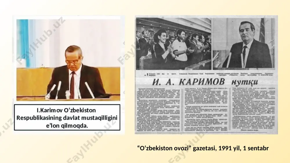 huquqlari va erkinliklarini ta’minlab beradigan davlatdir. xalq davlat hokimiyatining manbaidir», - degan qoidani ilgari surdi. «o‘zbek modeli» beshta asosiy tamoyilining mohiyati. asosiy tamoyillar asosiy tamoyillarning mohiyati iqtisodiyotning siyosatdan ustunligi iqtisodiy islohotlar hech qachon siyosat ortida qolmasligi kerak, u biror mafkuraga bo‘ysundirilishi mumkin emas. buning ma’nosi shuki, iqtisodiyot siyosatdan ustun turishi kerak. ham ichki, ham tashqi iqtisodiy munosabatlarni mafkuradan xoli qilish zarur. davlat bosh islohotchi, iqtisodiy o‘zgartirishlarning tashabbuskori davlat bosh islohotchi bo‘lishi lozim. u islohotlarning ustuvor yo‘nalishlarini belgilab berishi, o‘zgarishlar siyosatini ishlab chiqishi va uni izchillik bilan o‘tkazishi, jaholatparastlar va konservatorlar qarshiligini bartaraf etishi shart. qonunlar va ularga rioya qilish ustuvorligi qonun va qonunlarga rioya etish ustuvor bo‘lishi lozim. buning ma’nosi shuki, demokratik yo‘l bilan qabul qilingan yangi konstitutsiya va qonunlarni hech istisnosiz hamma hurmat qilishi va ularga og‘ishmay rioya etishi lozim. kuchli ijtimoiy siyosat yurgizish aholining demografik tarkibini hisobga olgan holda kuchli ijtimoiy siyosatni o‘tkazish. bozor munosabatlarini joriy etish bilan …