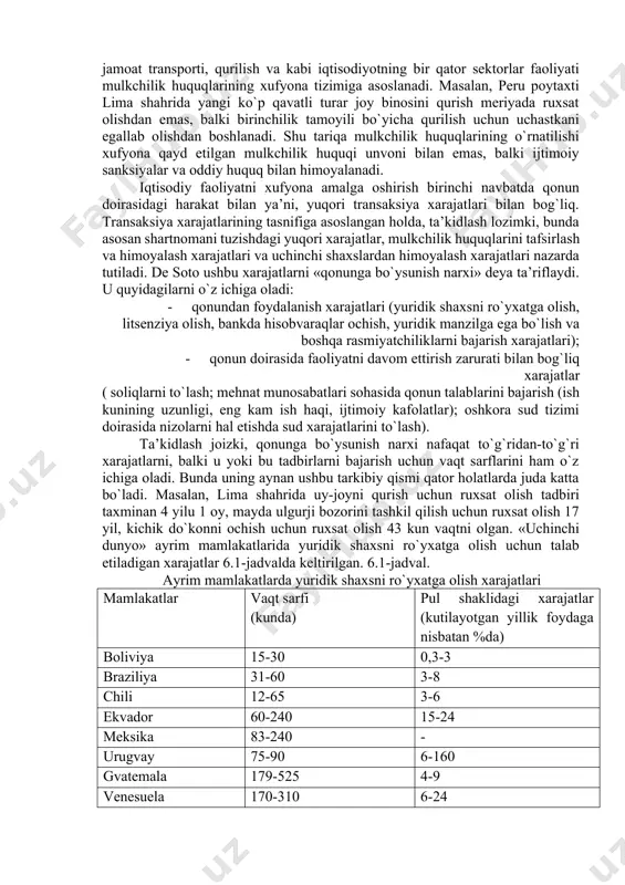 mavjud. buyruqbozlik iqtisodiyotida, qonunda mustahkamlangan «mulkchilikning umumxalq xususiyati»ga qaramasdan, asosiy huquqlar ham partiyaviy, ham ma’muriy (vazirliklar, yuqori tashkilotlar) byurokratiya qo`lida edi. tegishlicha savdolar va bitimlar shaklini hosil qilgan nizolarni hal etishning muqobil mexanizmlari ham mavjud edi, bunda almashuv predmeti sifatida nafaqat tovarlar va xizmatlar, balki «jamiyatdagi mavqe, hokimiyat va bo`ysunish, qonunlar va ularni buzish huquqi» va hatto ishlab chiqarish davlat rejalari ham ishtirok etgan. perulik olim ernando de soto tadqiqotlarida lotin amerikasi mamlakatlari misolida xufyona iqtisodiyot masalalari jiddiy tahlil etilgan. ularda davlat sudhuquq tizimi va u himoya qiladigan mulkchilik huquqlari almashuvlarning faqat kichik bir qismi mexanizmini shakllantiradi. ularda – chakana savdo, jamoat transporti, qurilish va kabi iqtisodiyotning bir qator sektorlar faoliyati mulkchilik huquqlarining xufyona tizimiga asoslanadi. masalan, peru poytaxti lima shahrida yangi ko`p qavatli turar joy binosini qurish meriyada ruxsat olishdan emas, balki birinchilik tamoyili bo`yicha qurilish uchun uchastkani egallab olishdan boshlanadi. shu tariqa mulkchilik huquqlarining o`rnatilishi xufyona qayd etilgan …