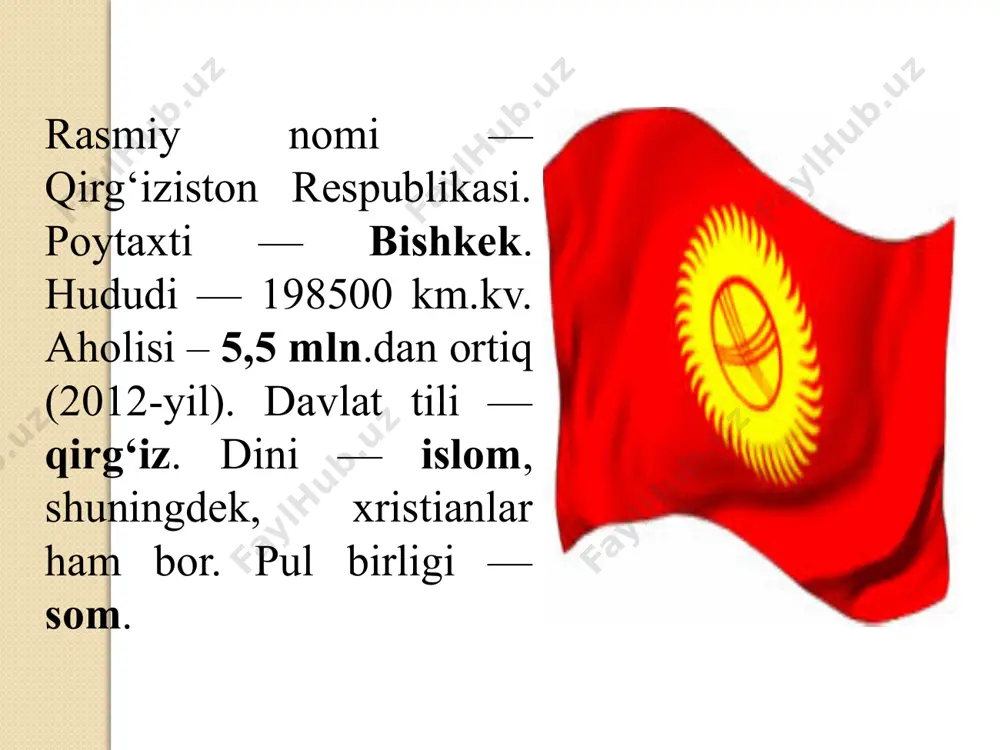 oyrat xonligi, xix asr boshlarida qo‘qon xonligi tarkibiga kiritildi. 1870-yil rossiya imperiyasining turkiston general-gubernatorligi tarkibiga kiritildi. 1918-yilda turkiston respublikasining bir qismi, 1924- yildan qora-qirg‘iz avtonom viloyati, 1924-yildan qirg‘iziston avtonom viloyati (oblasti), 1936-yilda ittifoq respublikasi maqomini oldi. sovet ittifoqi parchalanib ketgandan keyin qirg‘iziston mustaqilligi 1991-yil 31-avgustda e’lon qilindi. 2005-yilda «lolalar inqilobi» natijasida asqar akayev o‘rniga prezident etib kurmanbek bakiyev saylandi. hozirda qirg’iziston respublikasining prezidenti sobiq bosh vazir, hokimiyatdagi sotsial – demokratlar partiyasining vakili sooronbay jeenbekov hisoblanadi. image2.jpg image3.png image4.jpg image5.jpg image6.jpg image7.jpg image8.jpg image9.jpg image10.jpg image11.jpg image12.jpg /docprops/thumbnail.jpeg