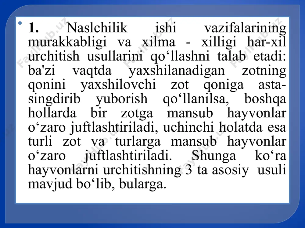 h maqsadida qo‘llaniladi. turlararo duragaylashda xachir, ya'ni ot va eshak duragayi, bir o‘rkachli tuya bilan ikki o‘rkachli tuya duragaylash misol bo‘ladi. bunday duragaylar yirikligi va ota onasiga qaraganda ikki marta ko‘p yuk tortishi bilan farq qiladi. yangi zot chiqarish maqsadida chatishtirish yo‘li bilan shortgorn go‘shtdor zoti bilan hindistonning o‘rkachli qoramoli - zebudan qoramolning santa-gertruda zoti yetishtirilgan. mayin junli qo‘yni yovvoyi qo‘y - arxar bilan duragaylash yo‘li bilan, qozoqi arxarmerinos zoti chiqarilgan, bu zot baland tog‘ sharoitiga yaxshi moslashgan. arxarmerinos qo‘y zotining yaratilish tizimi brangus zotini yaratishda duragaylash usuli e'tiboringiz uchun raxmat. ! image2.png image3.jpeg image4.jpeg image5.png image6.jpeg image7.png /docprops/thumbnail.jpeg