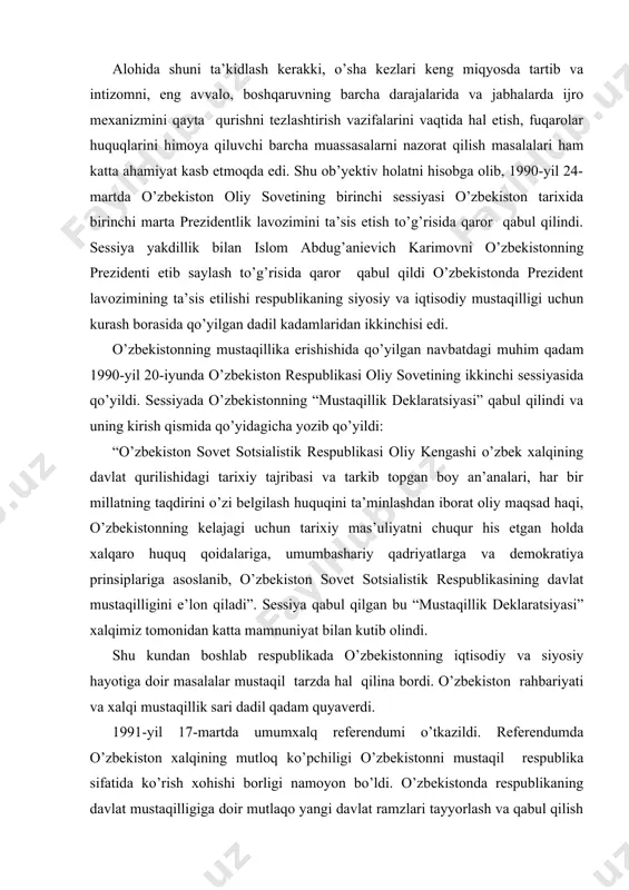 tiga doir masalalar mustaqil tarzda hal qilina bordi. o’zbekiston rahbariyati va xalqi mustaqillik sari dadil qadam quyaverdi. 1991-yil 17-martda umumxalq referendumi o’tkazildi. referendumda o’zbekiston xalqining mutloq ko’pchiligi o’zbekistonni mustaqil respublika sifatida ko’rish xohishi borligi namoyon bo’ldi. o’zbekistonda respublikaning davlat mustaqilligiga doir mutlaqo yangi davlat ramzlari tayyorlash va qabul qilish ishlari ham dadil boshlab yuborildi. xususan, 1991yil 15-fevralida o’zbekiston oliy kengashi “o’zbekistonning davlat ramzlari to’g’risida” maxsus qaror qabul qildi. o’zbekistonning suvereniteti uchun kurash, avvalo, respublikada qabul qilingan har bir qonunning mazmuni va mohiyati jihatidan sobiq ittifoq qonunlaridan tubdan farq qilinishida, bundan tashqari, har bir qonun avvalgidek ittifoq qonuniga moslashtirib emas, balki respublika manfaatini ifoda etishi bilan ajralib tura boshladi. jumladan, 1991-yil 22-iyulida o’zbekiston oliy kengashi prezidiumining “o’zbekiston hududida joylashgan ittifoqqa buysunuvchi davlat korxonalari, muassasalari va tashkilotlarni o’zbekistonning huquqiy tobeligiga o’tkazish” to’g’risidagi qarori, o’zbekistonning milliy suvurenititeti uchun tashlangan qadamlar dalilidir. 80-yillarning ikkinchi yarmiga kelib sobiq sssr ning ijtimoiy-siyosiy holatida inqirozli holat tobora …