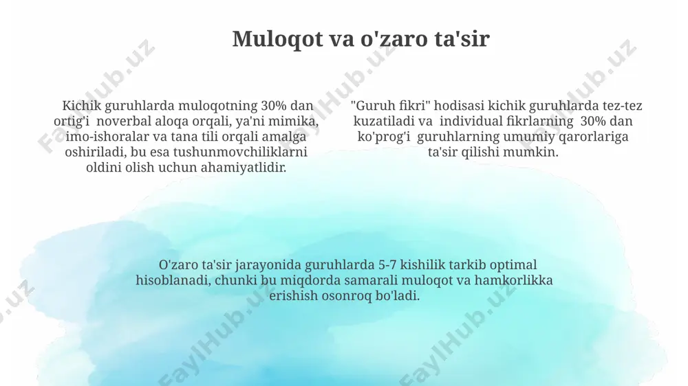 hunki fikr almashinuvi va ta'sir o'tkazish imkoniyati cheklangan va individual farqlar aniqroq namoyon bo'ladi. guruh ichidagi ziddiyatlarning 70% ga yaqini shaxsiy munosabatlar yoki rollar bo'yicha kelishmovchiliklar bilan bog'liq bo'lib, natijada guruh samaradorligi pasayadi va stress darajasi ortadi. konfliktlarni hal qilish usullari mediatorning ishtiroki bilan konfliktlarni hal qilish 3 bosqichli jarayonni o'z ichiga oladi: tinglash, tahlil qilish va o'zaro kelishuvga erishish, muvaffaqiyat darajasi 85% ga yetadi. kichik guruhlarda 5 dan ortiq odam bo'lganda, konfliktlarni hal qilishning samarali usuli sifatida "5-qadamli model" yondashuvini qo'llash mumkin, bu yerda har bir qadam aniq vazifalarni o'z ichiga oladi. guruh ichidagi qarama-qarshiliklarni bartaraf etishda, 70% hollarda kompromis topish usuli ijobiy natijalar beradi, ammo bu faqatgina o'zaro hurmat va ishonchga asoslanganda samarali bo'ladi. tadqiqot usullari va natijalari кичик гуруҳлардаги ўзаро таъсирни ўрганишда 30 та талабадан иборат 5 та гуруҳда ўтказилган экспериментлар натижалари гуруҳларнинг ижтимоий динамикасига индивидуал фарқларнинг кучли таъсирини кўрсатди. социометрик тестлар орқали олиб борилган тадқиқотлар 70% …